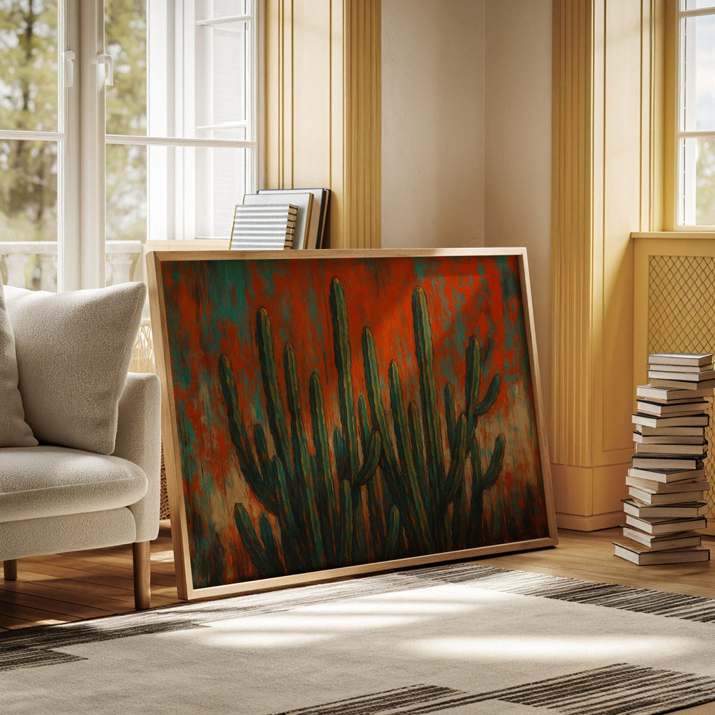 Southwest Blaze abstract cactus painting in orange and turquoise, view 8