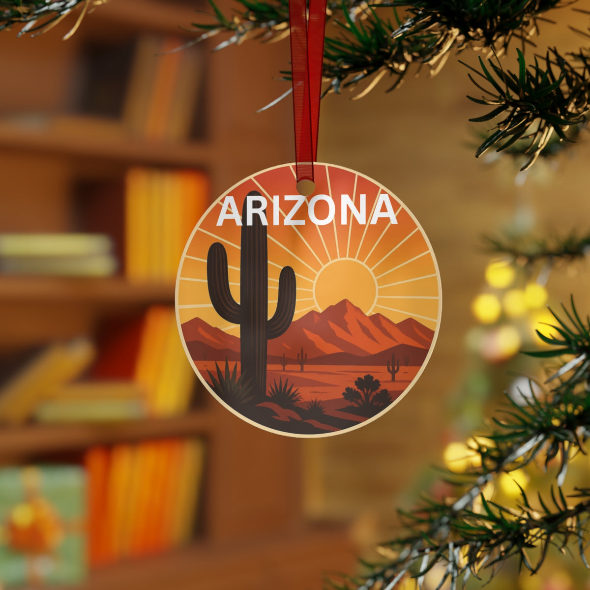 Arizona Desert Sunset Metal Ornament — Cactus Scenic Holiday Decoration — detail view