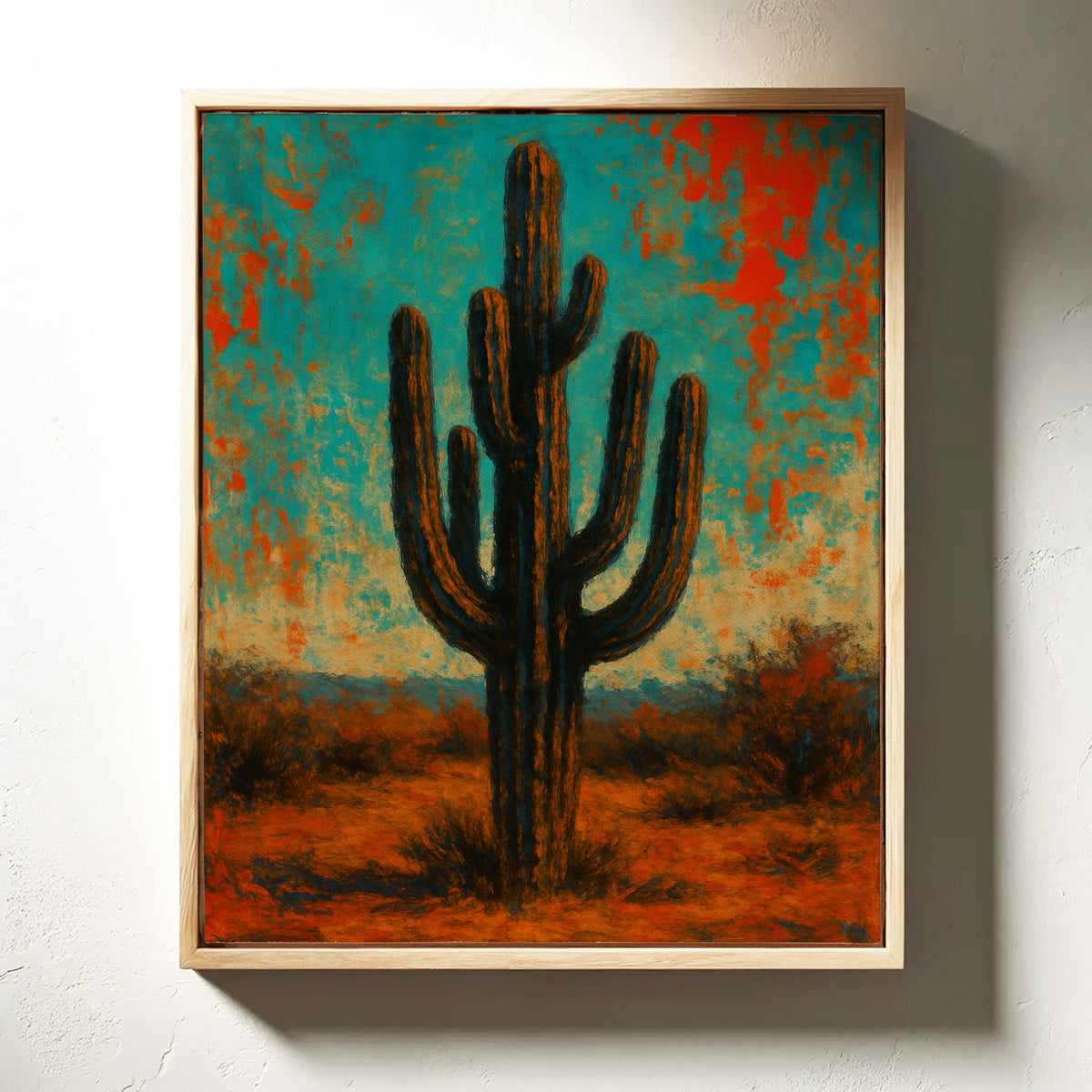 Lone Saguaro abstract cactus painting under turquoise and crimson sky, view 3