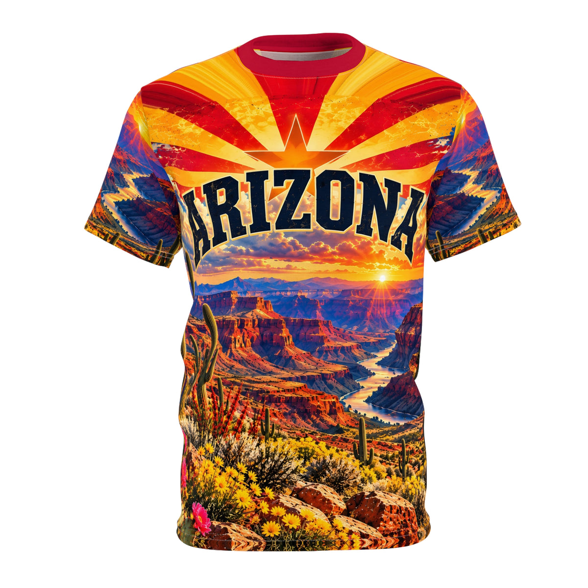 Arizona All-Over Print T-Shirt – Grand Canyon Sunset, State Flag Sunburst & Saguaro Cactus Tee