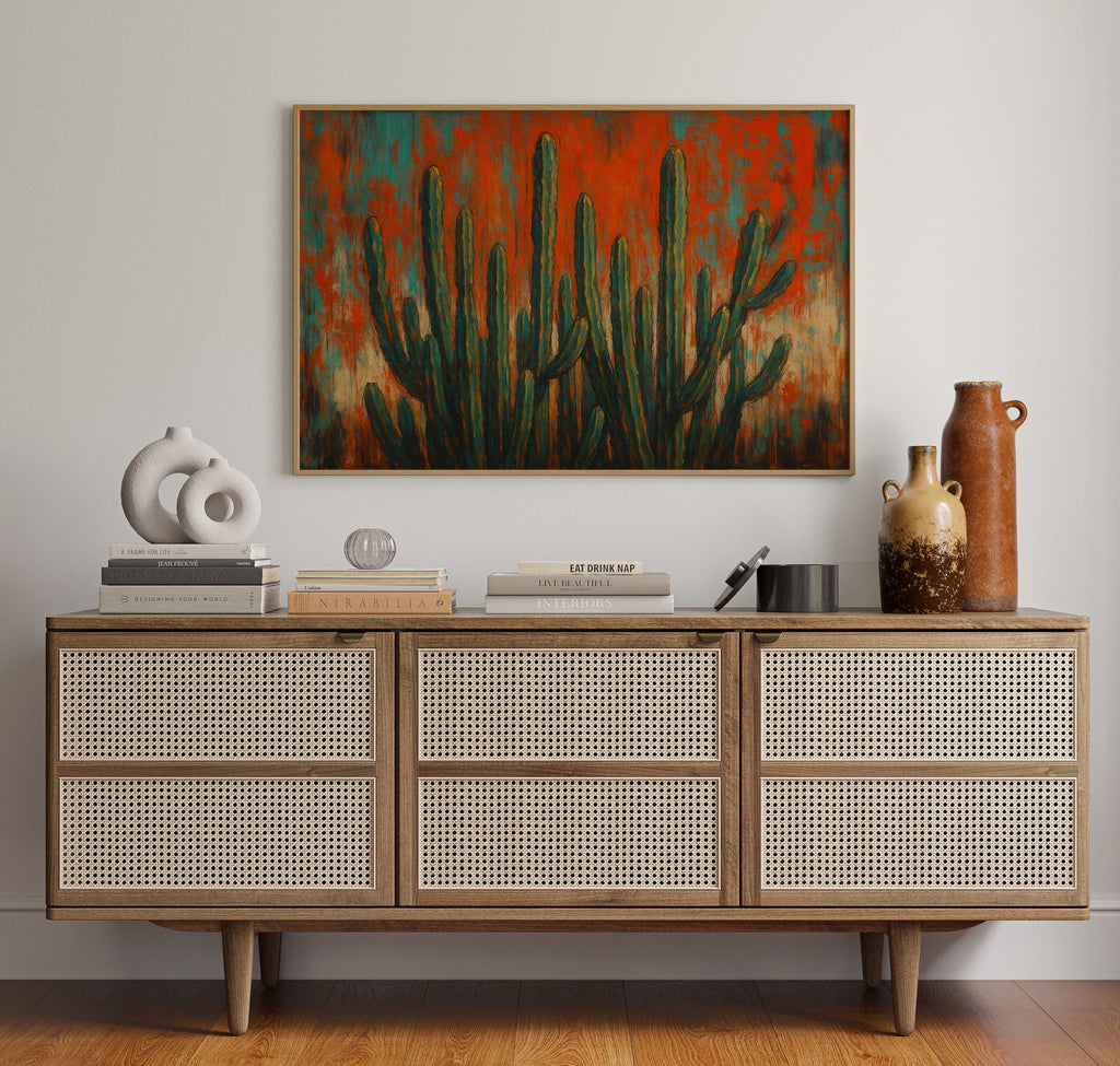 Southwest Blaze abstract cactus painting in orange and turquoise, view 9