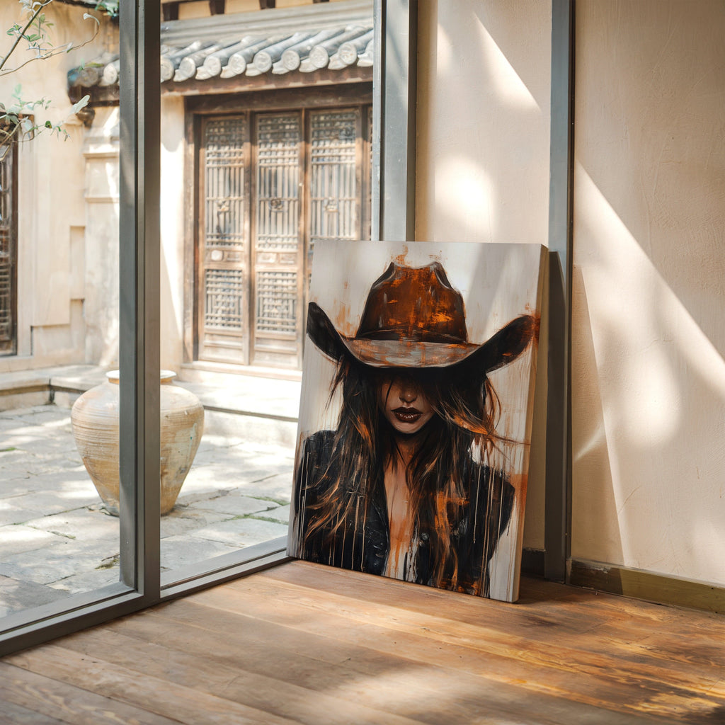 Cowgirl in Crimson modern Western cowgirl painting wall art, view 5