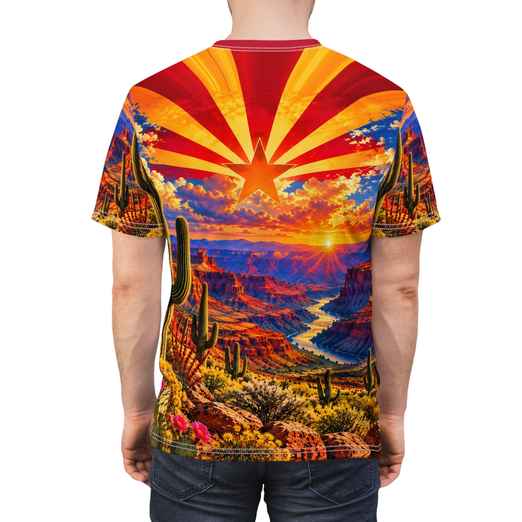 Arizona All-Over Print T-Shirt – Grand Canyon Sunset, State Flag Sunburst & Saguaro Cactus Tee