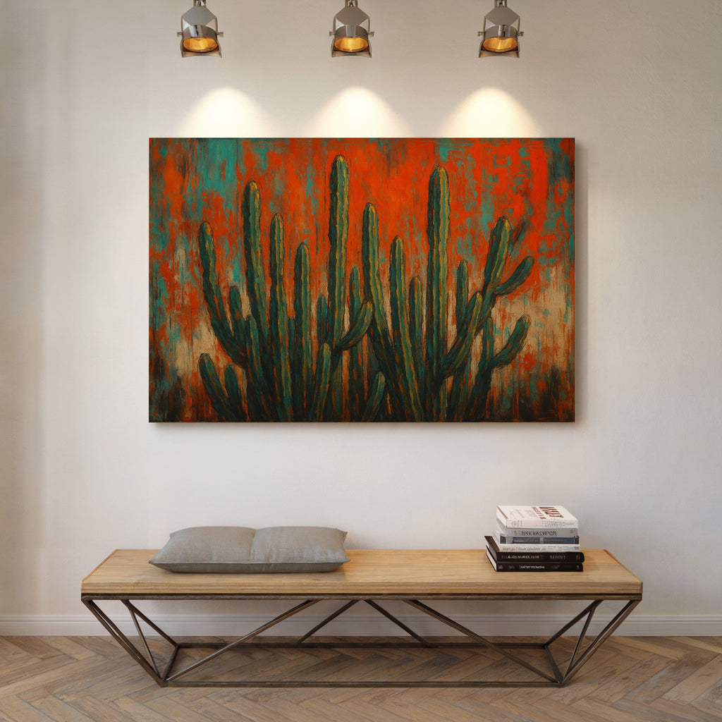 Southwest Blaze abstract cactus painting in orange and turquoise, view 2