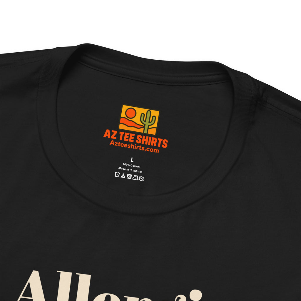 AZ Tee Shirts neck label on black Allergic to Mornings tee