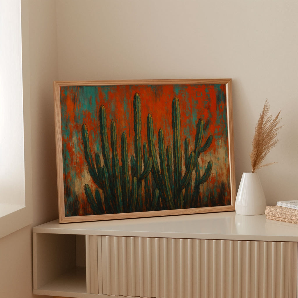 Southwest Blaze abstract cactus painting in orange and turquoise, view 11