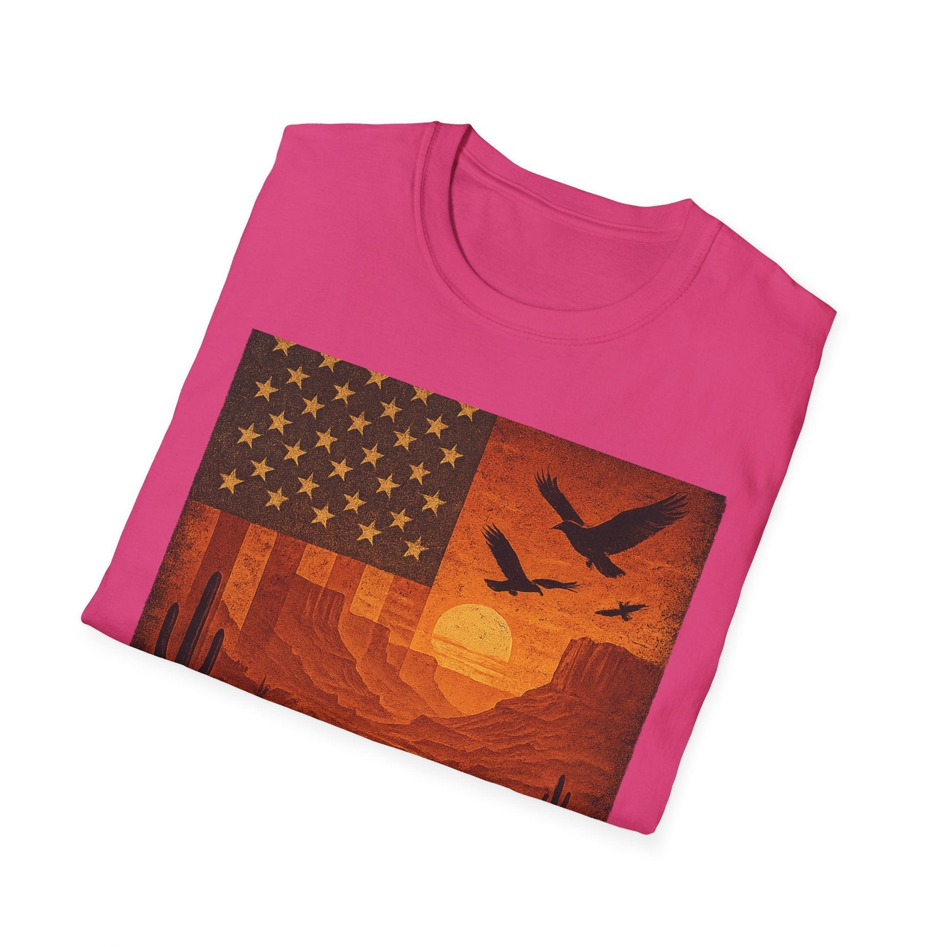 Arizona Sunset vintage graphic tee with American flag design on pink unisex t-shirt, perfect for casual wear.