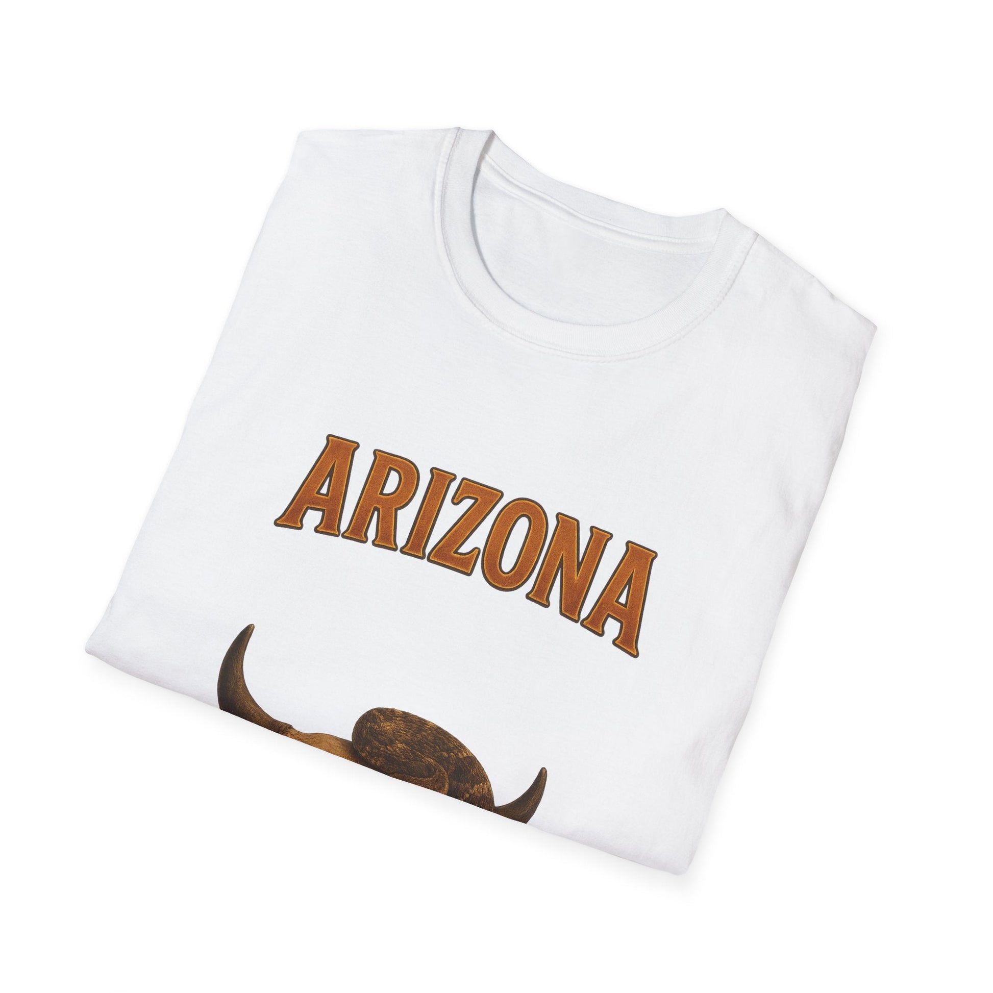 Folded white Arizona graphic t-shirt featuring a bull design and a comfortable unisex fit.
