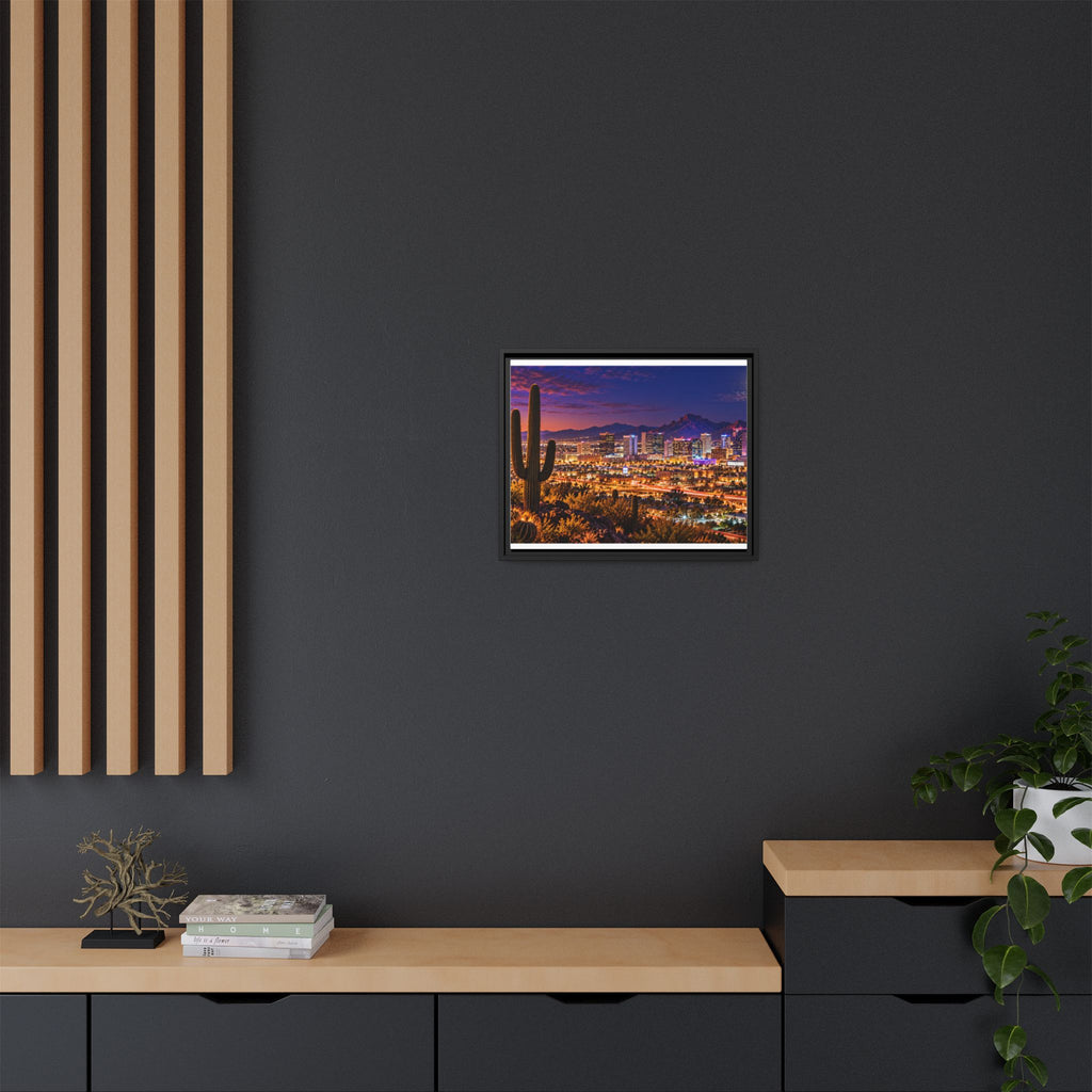 Framed Phoenix skyline canvas with saguaro cactus, Arizona wall art