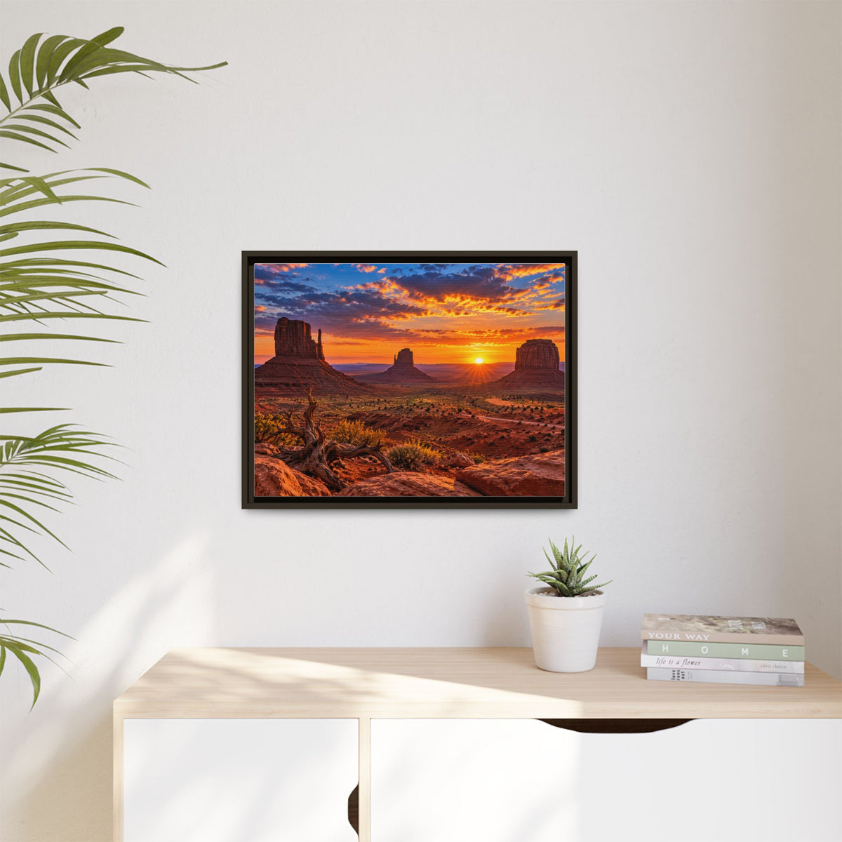 Framed Monument Valley canvas print, Arizona desert sunset