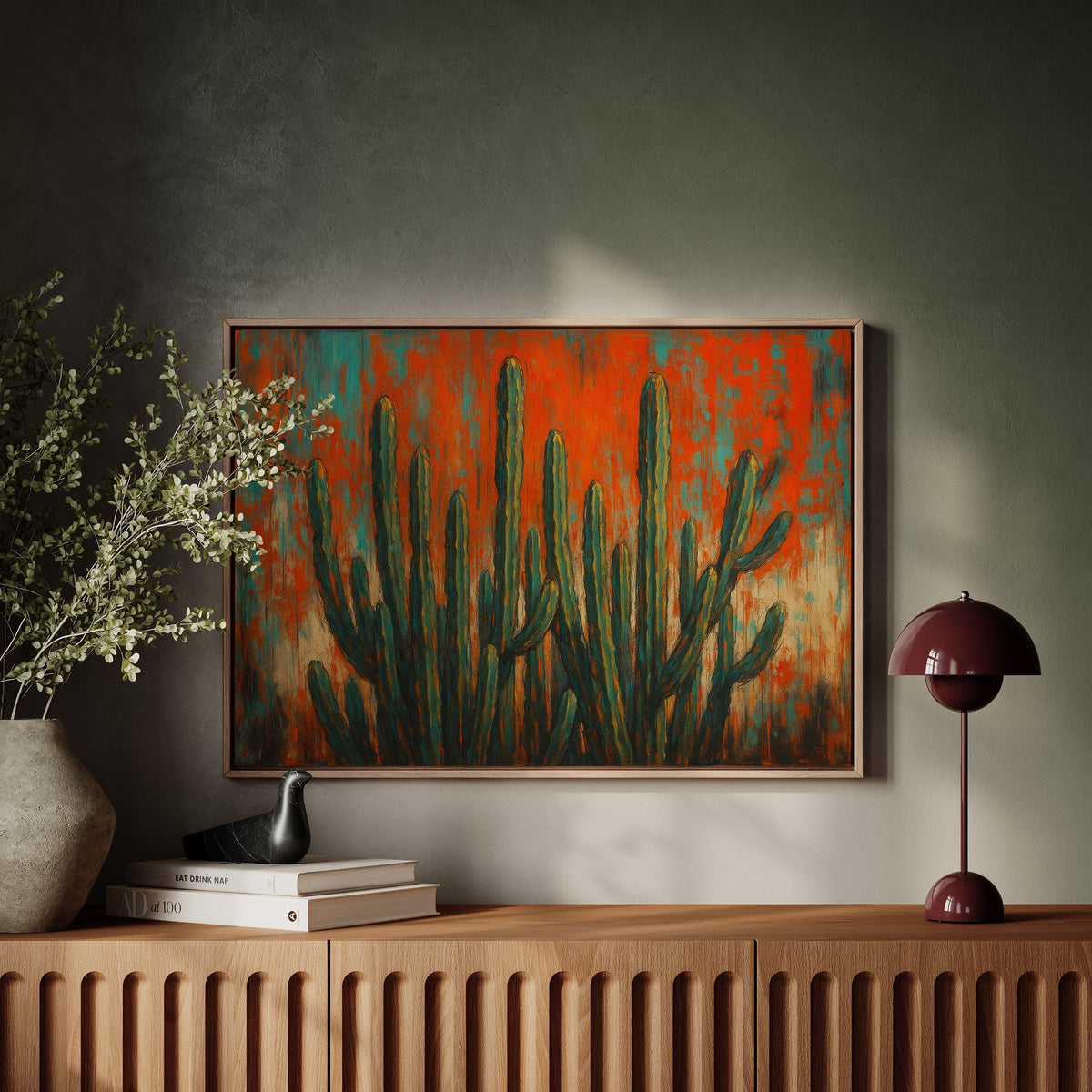 Southwest Blaze abstract cactus painting in orange and turquoise, view 3