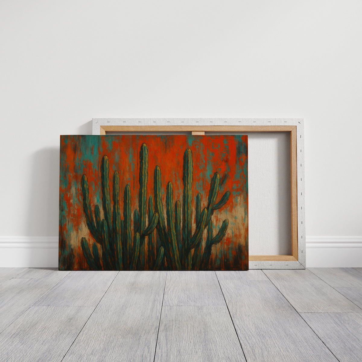Southwest Blaze abstract cactus painting in orange and turquoise, view 12