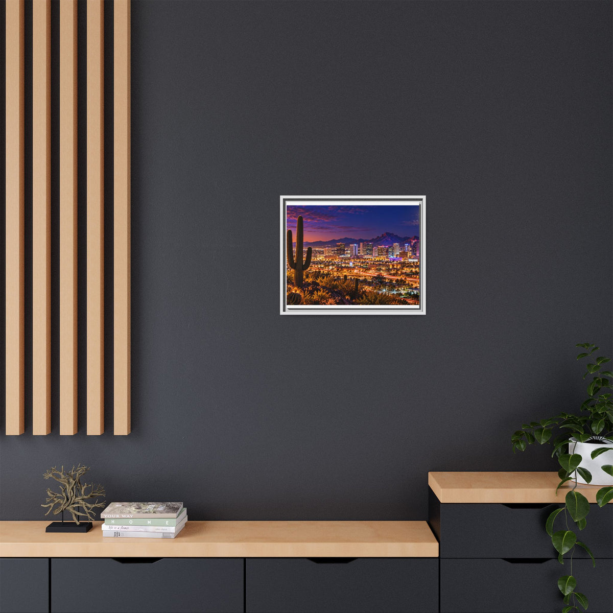 Phoenix skyline at night framed canvas print with saguaro cactus and desert mountains
