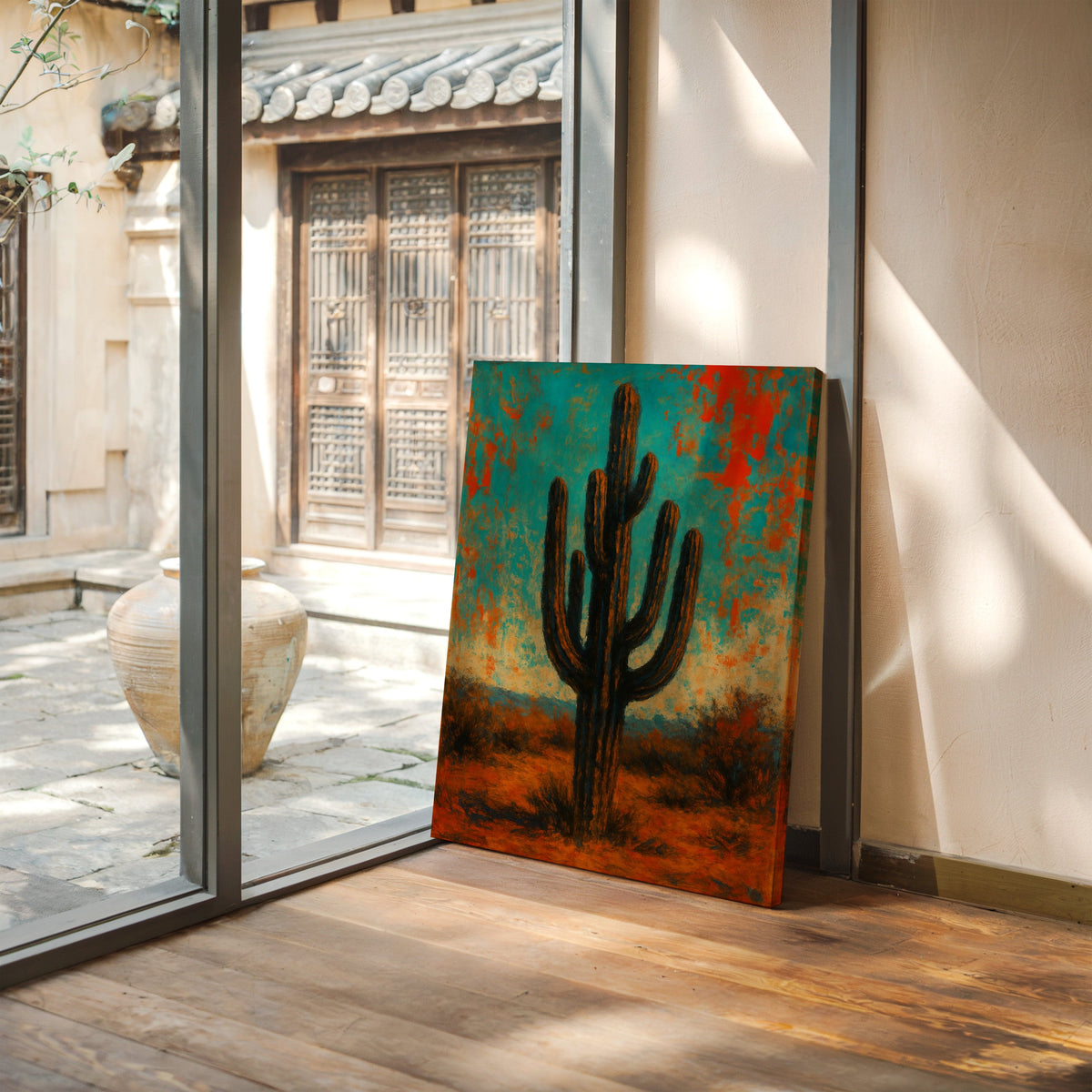 Lone Saguaro abstract cactus painting under turquoise and crimson sky, view 4