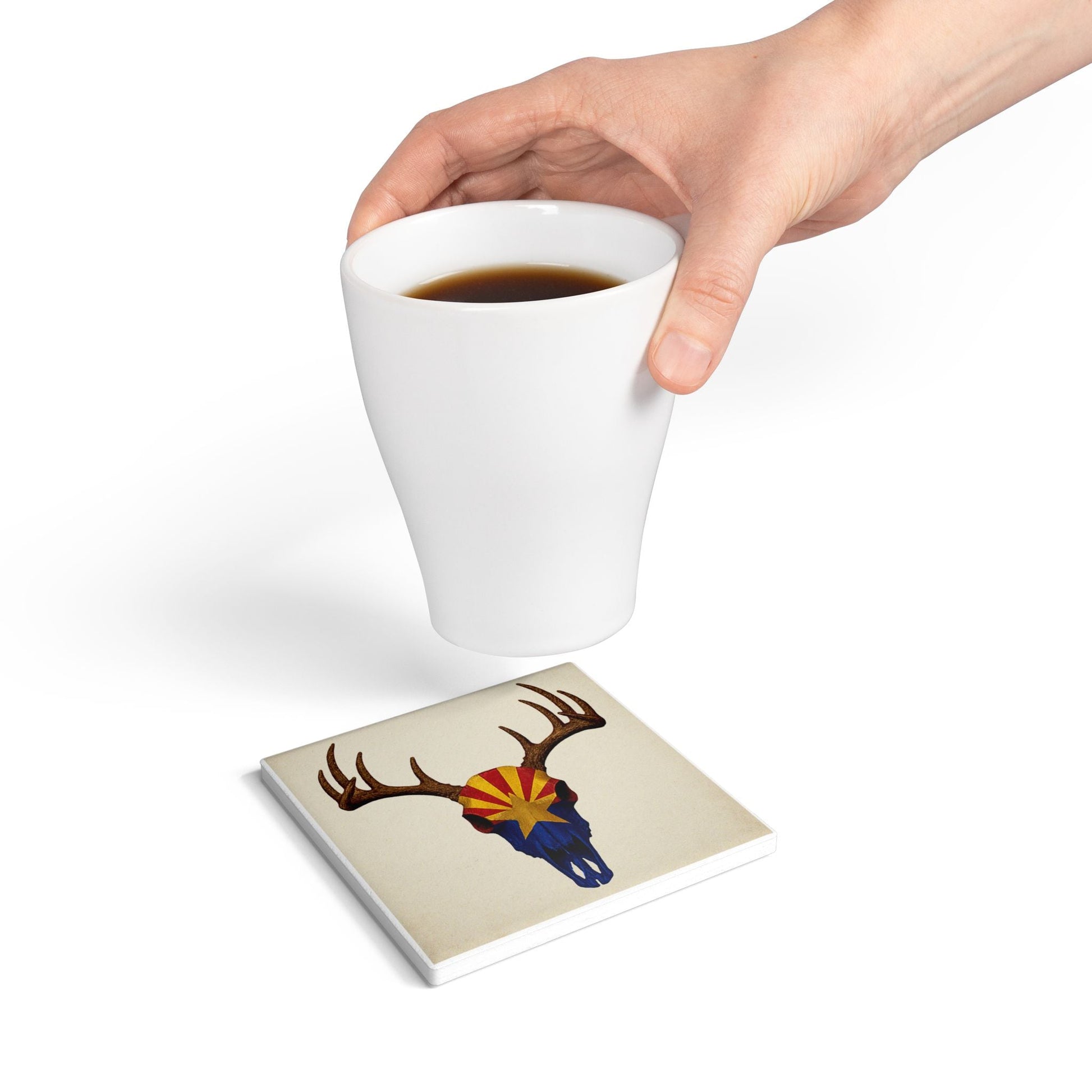 Arizona Skull Design Ceramic Coaster - Unique Rustic Drinkware for Home Decor Printify