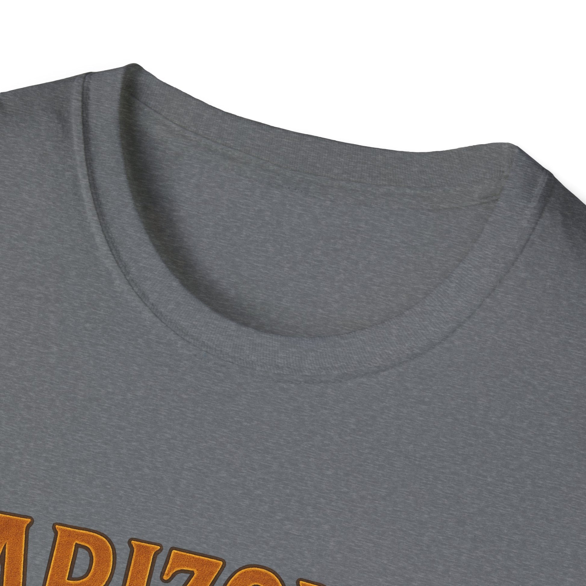 Close-up view of the collar and neckline of the Arizona Graphic T-Shirt in grey fabric.