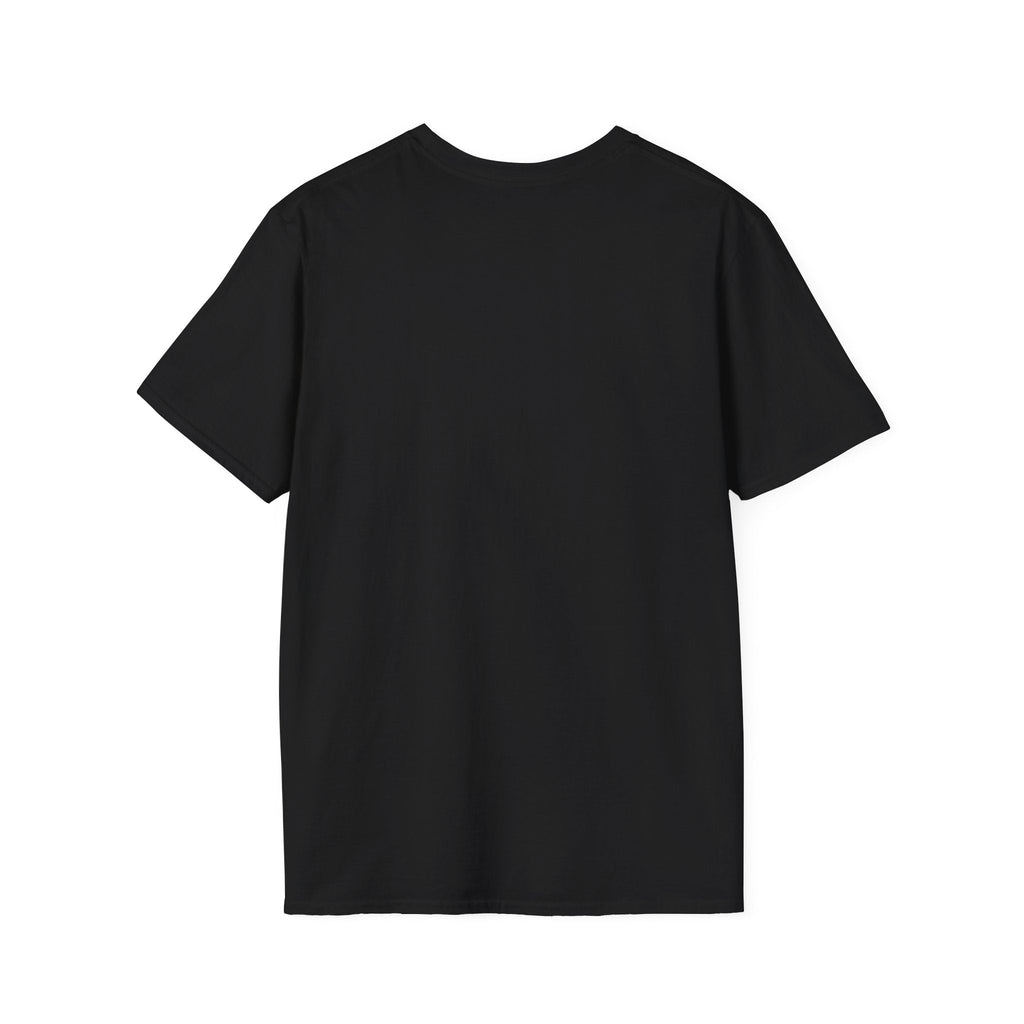 Back view of a black unisex softstyle t-shirt, perfect for casual and semi-formal occasions.