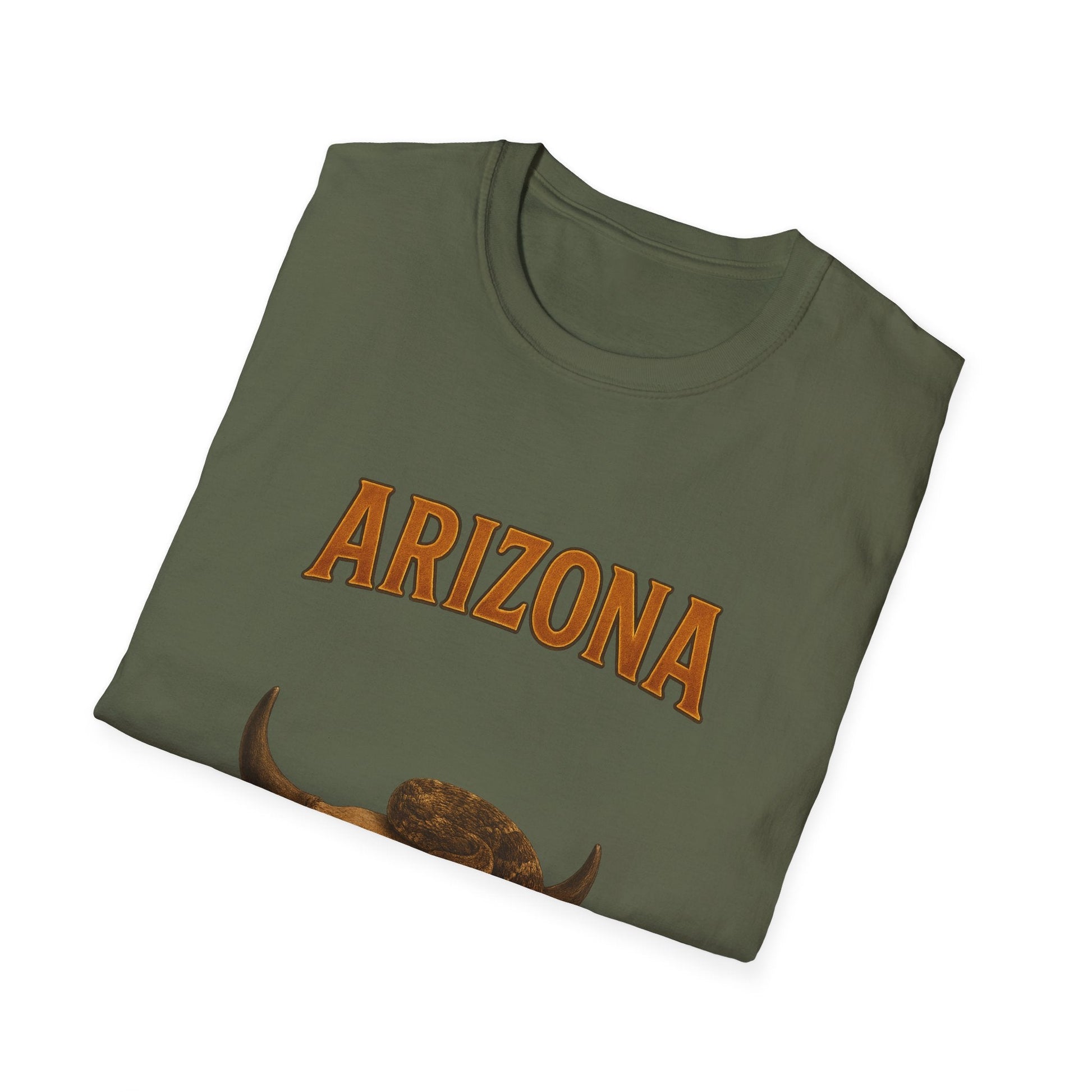 Arizona graphic t-shirt featuring bold lettering, softstyle unisex design in olive green, ideal for casual wear.
