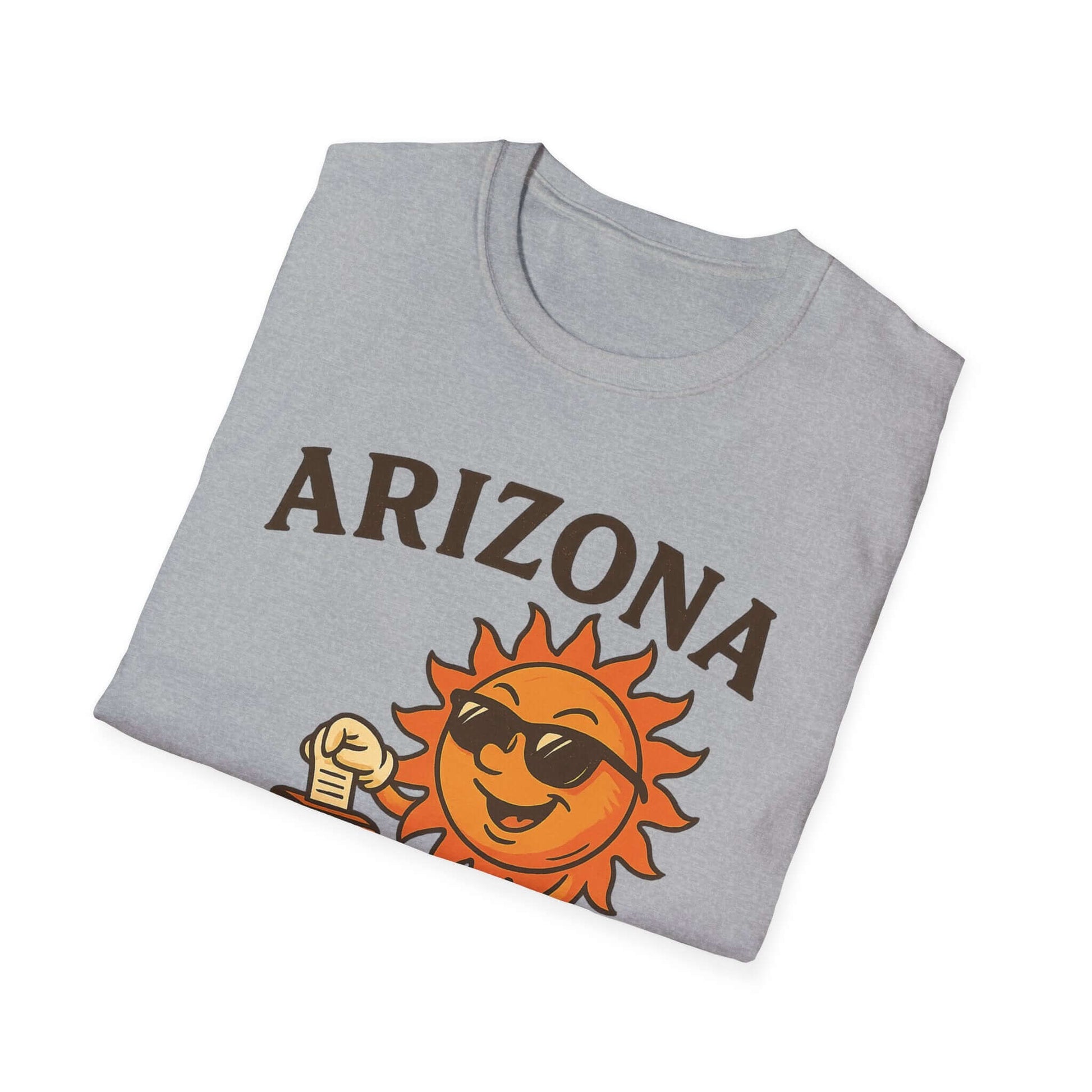 Arizona graphic t-shirt featuring a smiling sun design, perfect for casual summer outfits and gifts.