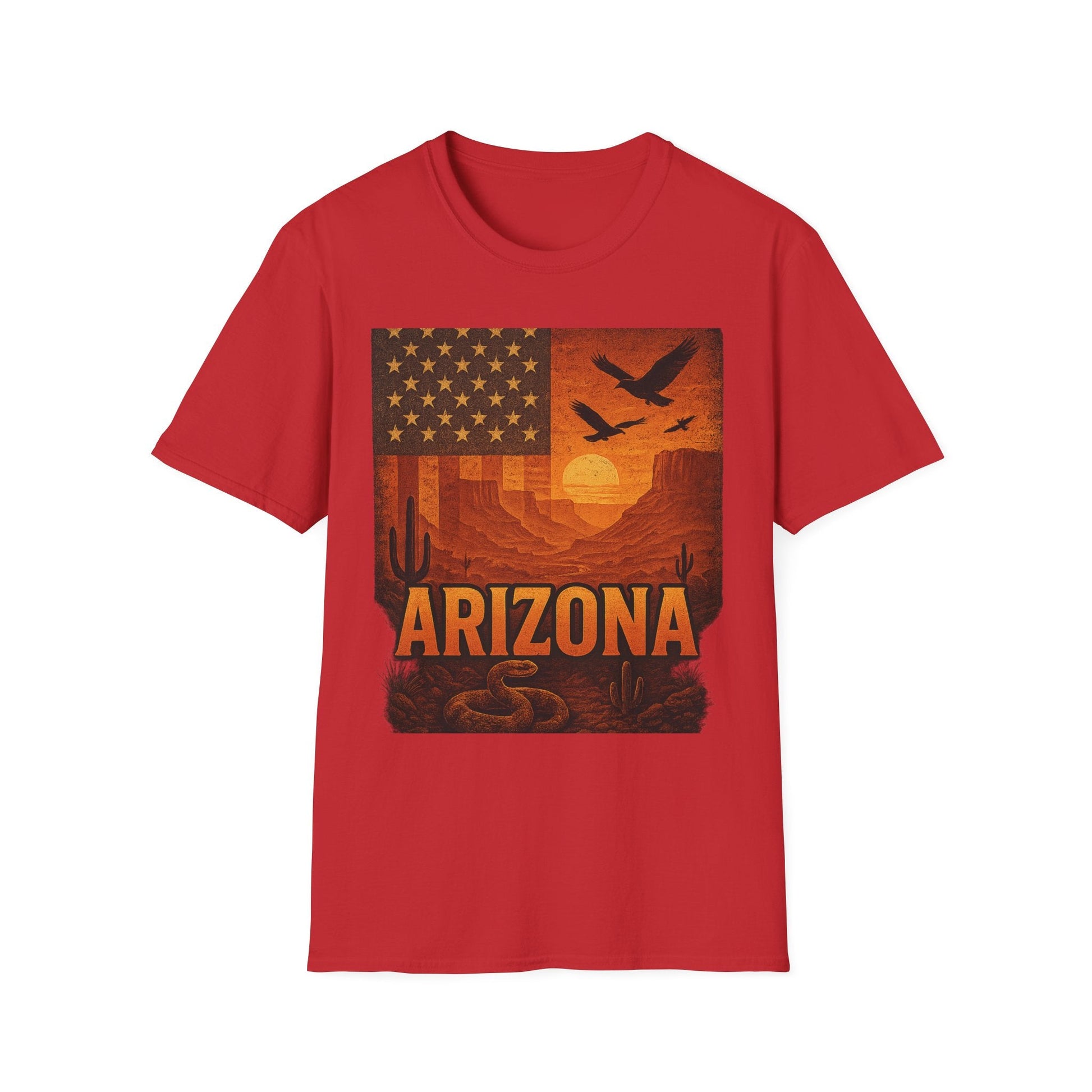 Arizona Sunset Vintage Graphic Tee, unisex softstyle t-shirt in red with desert scene and flag design.