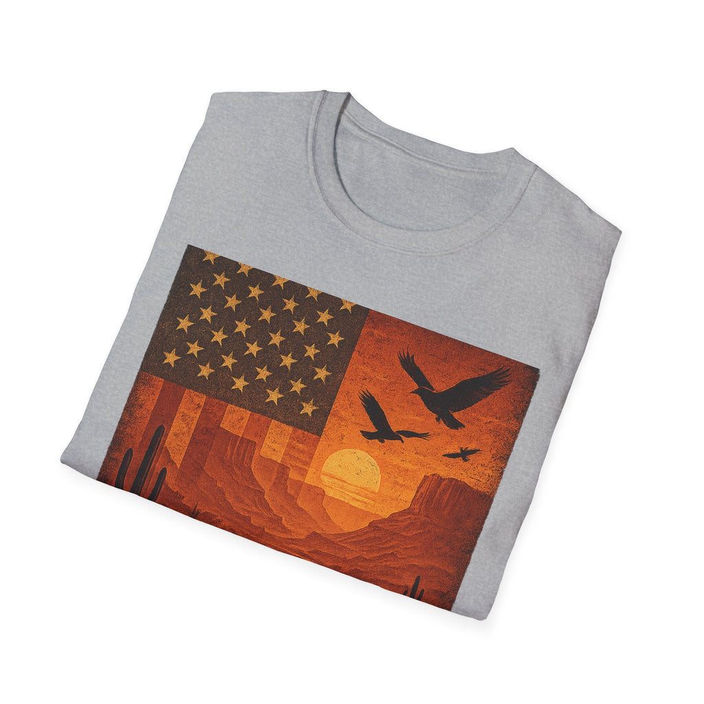 Arizona sunset graphic on a unisex softstyle t-shirt showcasing desert scenery and patriotic design.