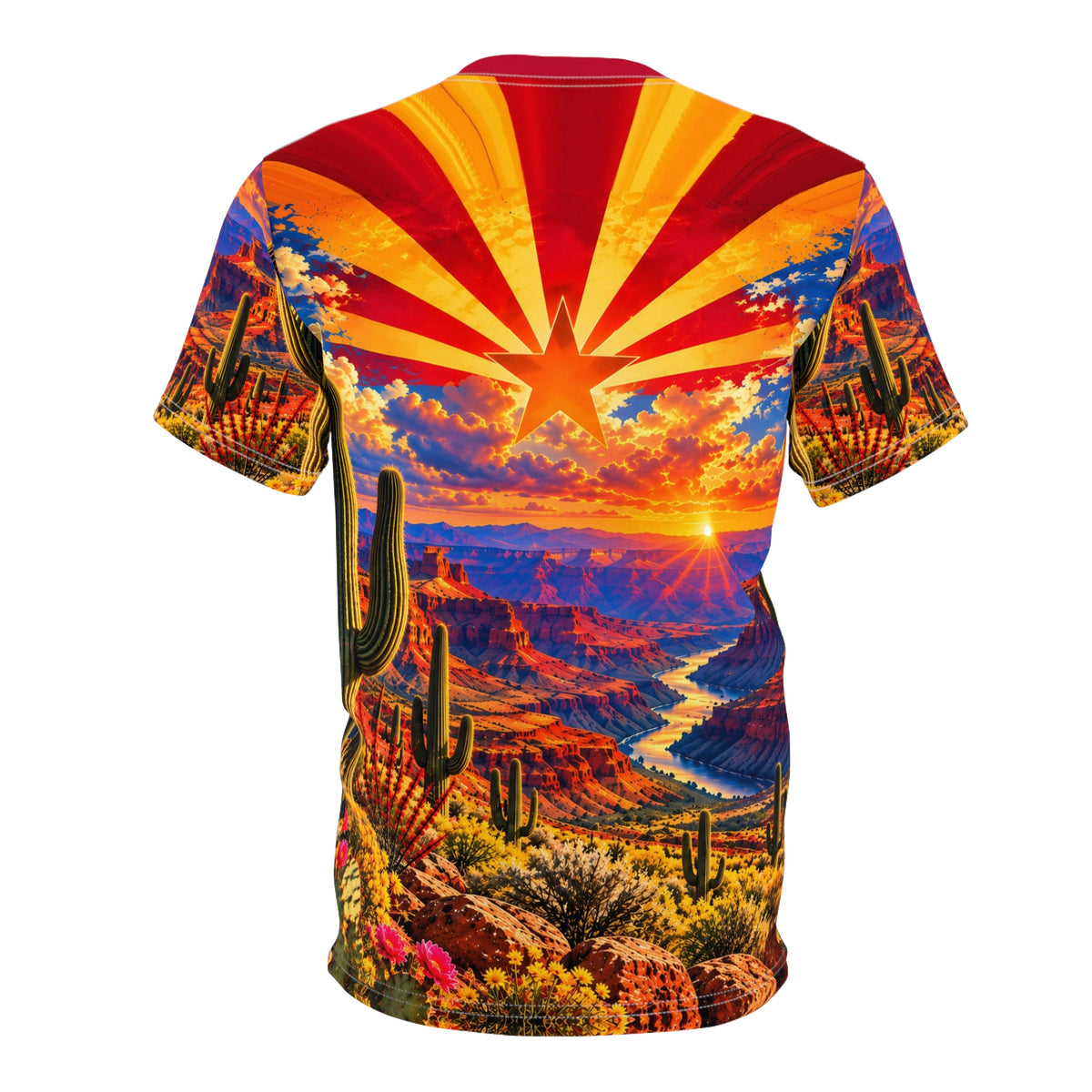 Arizona All-Over Print T-Shirt – Grand Canyon Sunset, State Flag Sunburst & Saguaro Cactus Tee