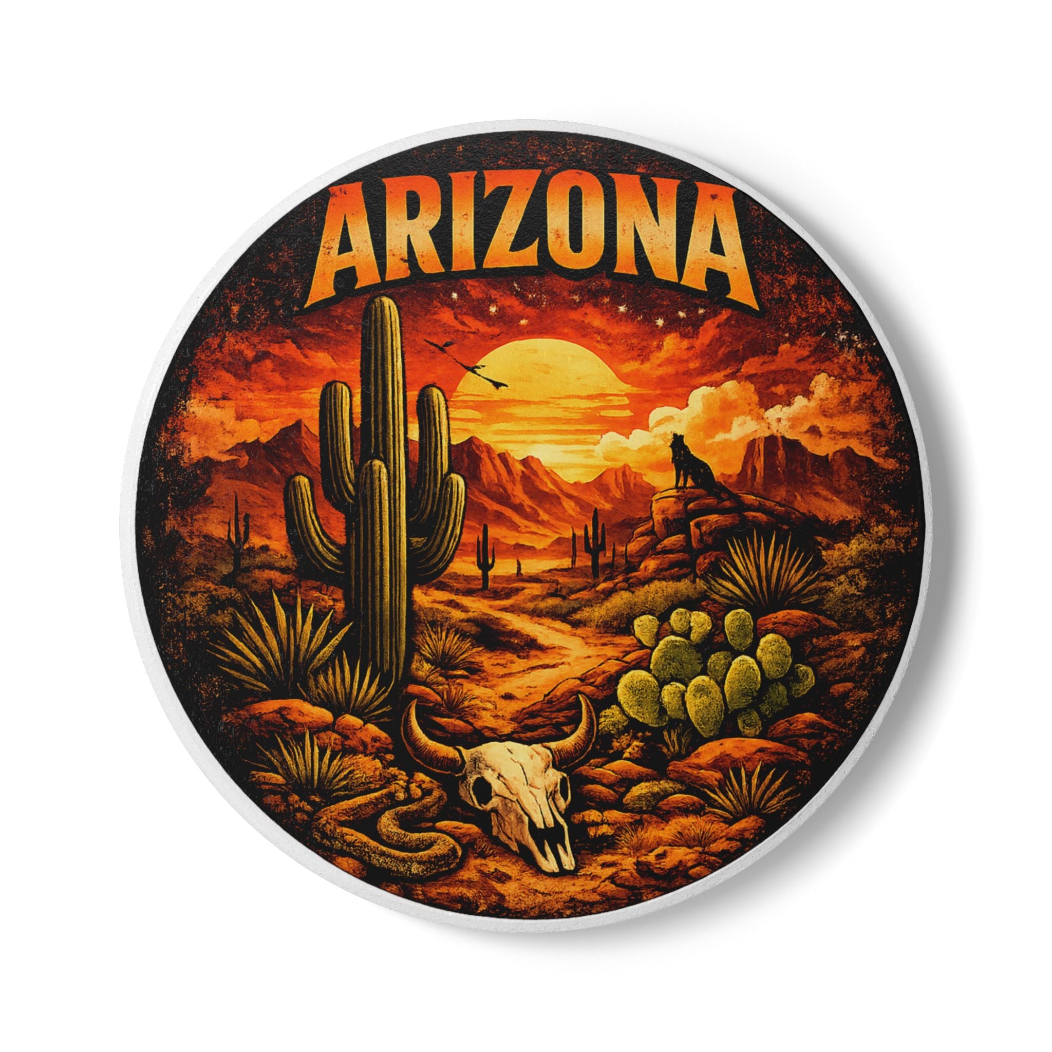 Arizona Desert Ceramic Coaster — Southwestern Sunset Cactus Design