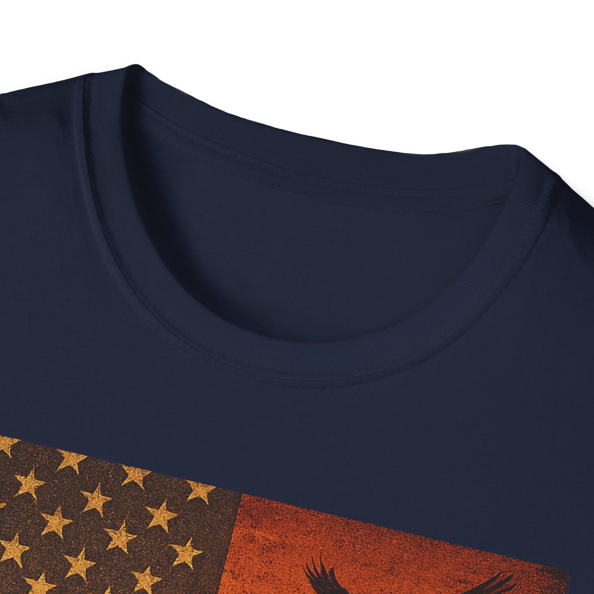 Close-up of Arizona Sunset graphic tee showing crew neckline and vintage design with stars and eagle.