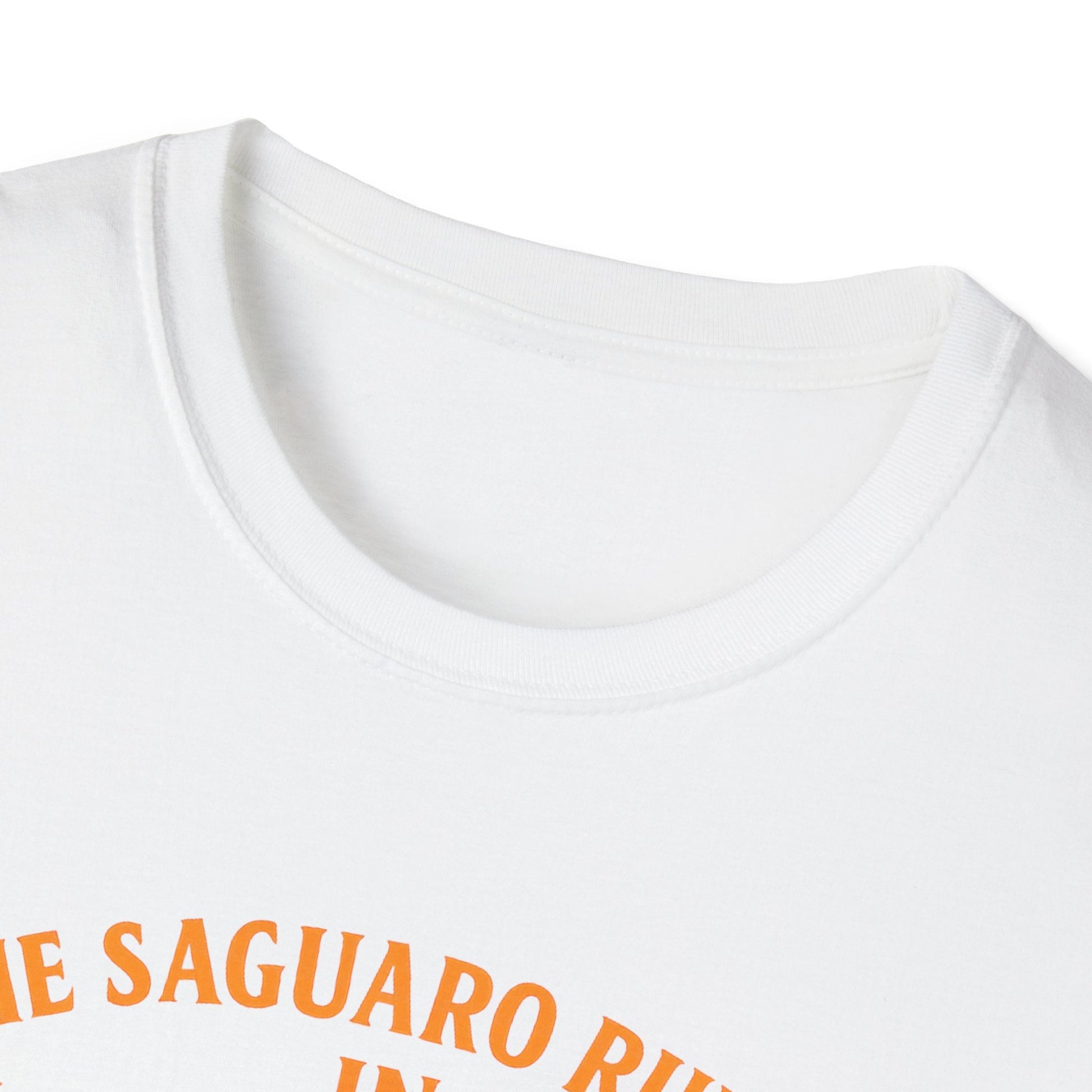 Close-up of Arizona Saguaro Sunset unisex t-shirt showing soft fabric and vibrant orange text design.