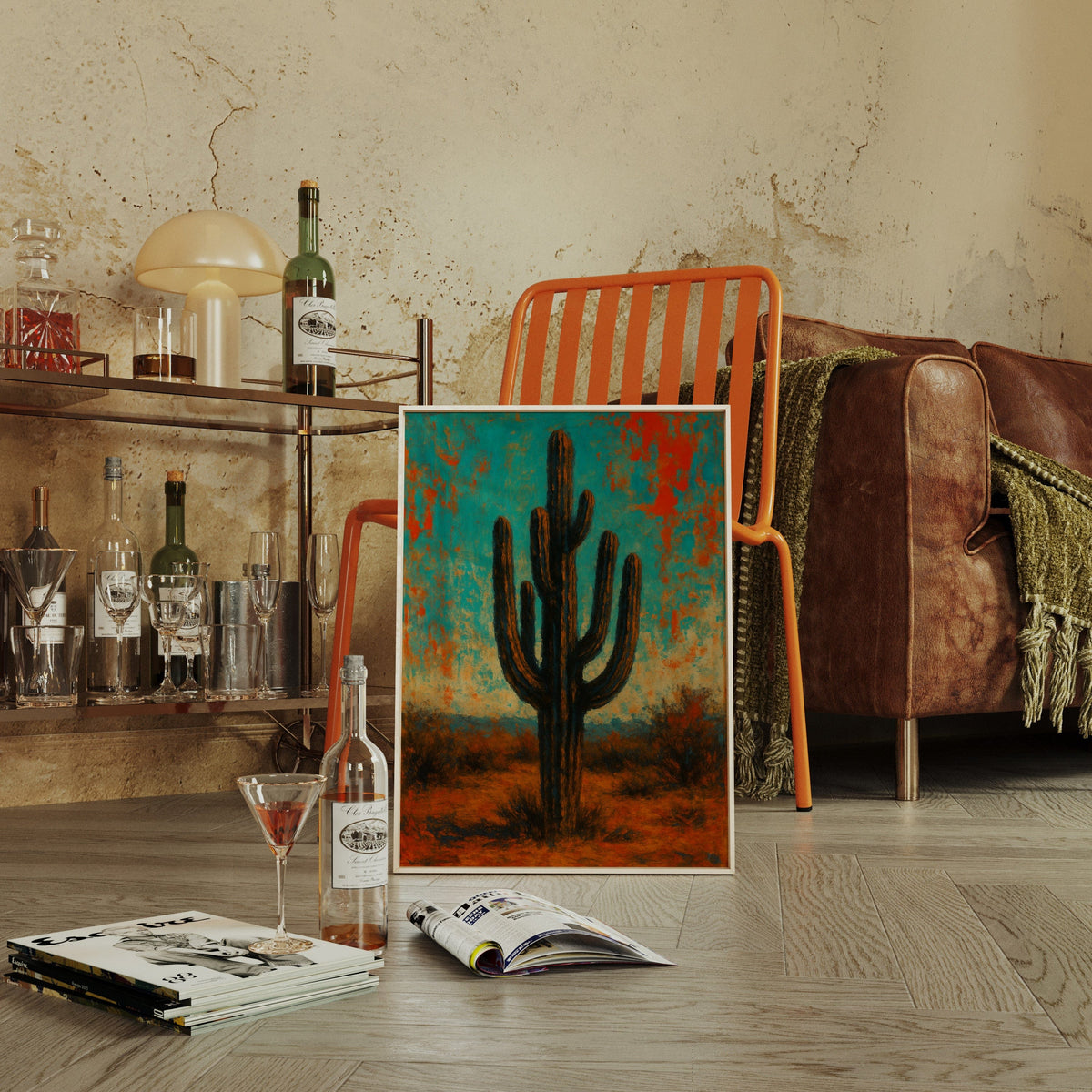 Lone Saguaro abstract cactus painting under turquoise and crimson sky, view 5