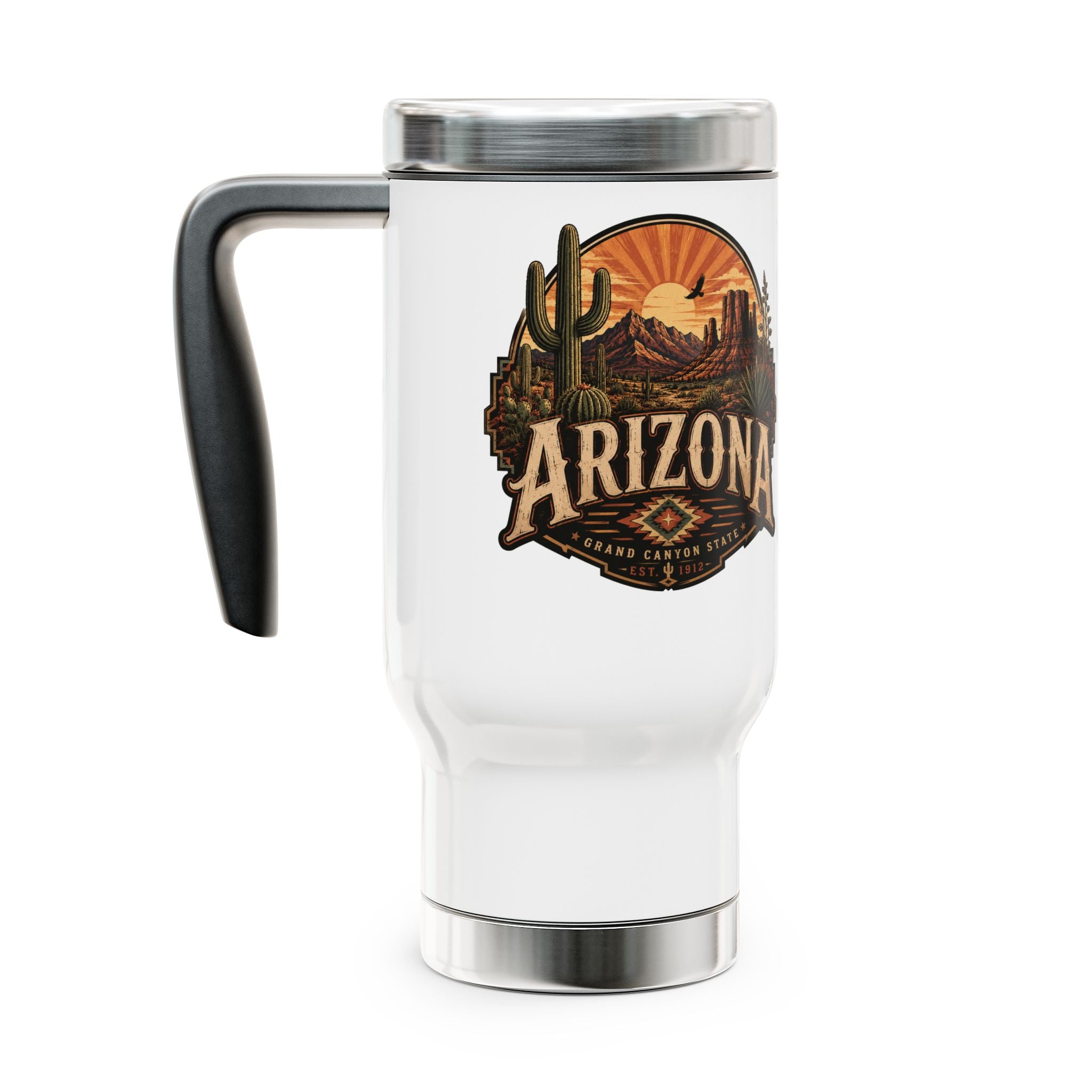 Arizona Desert Travel Mug — 14oz Stainless Steel Insulated Mug — handle detail