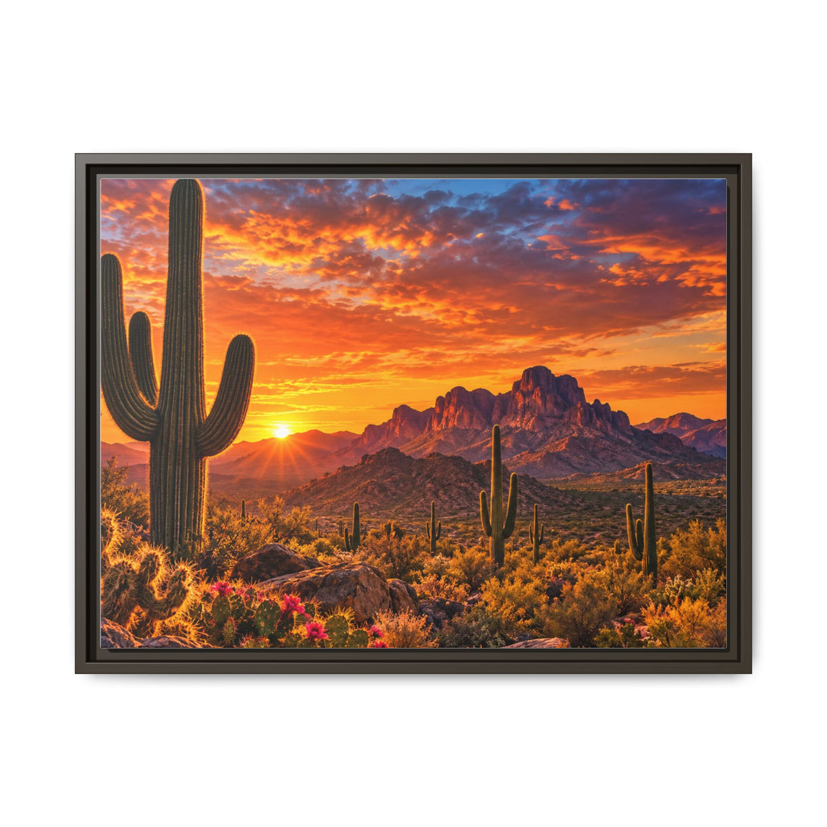 Arizona desert sunset framed canvas print with saguaro cactus and red mountains