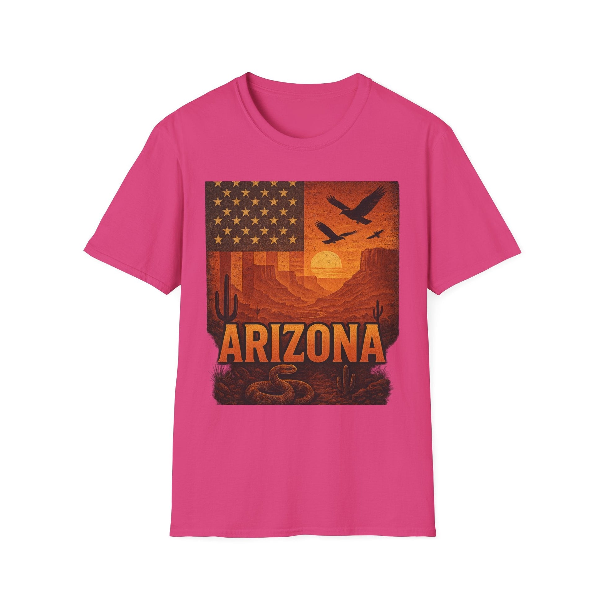 Arizona Sunset vintage graphic tee featuring sunset, desert landscape, and American flag design on a pink softstyle shirt.