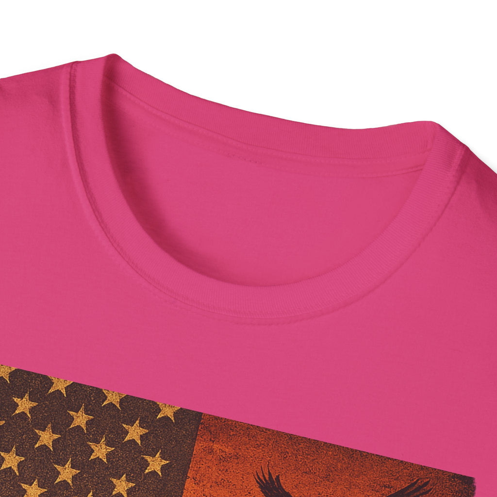 Close-up of the neck of a pink unisex t-shirt with vintage graphic design featuring stars and an eagle.