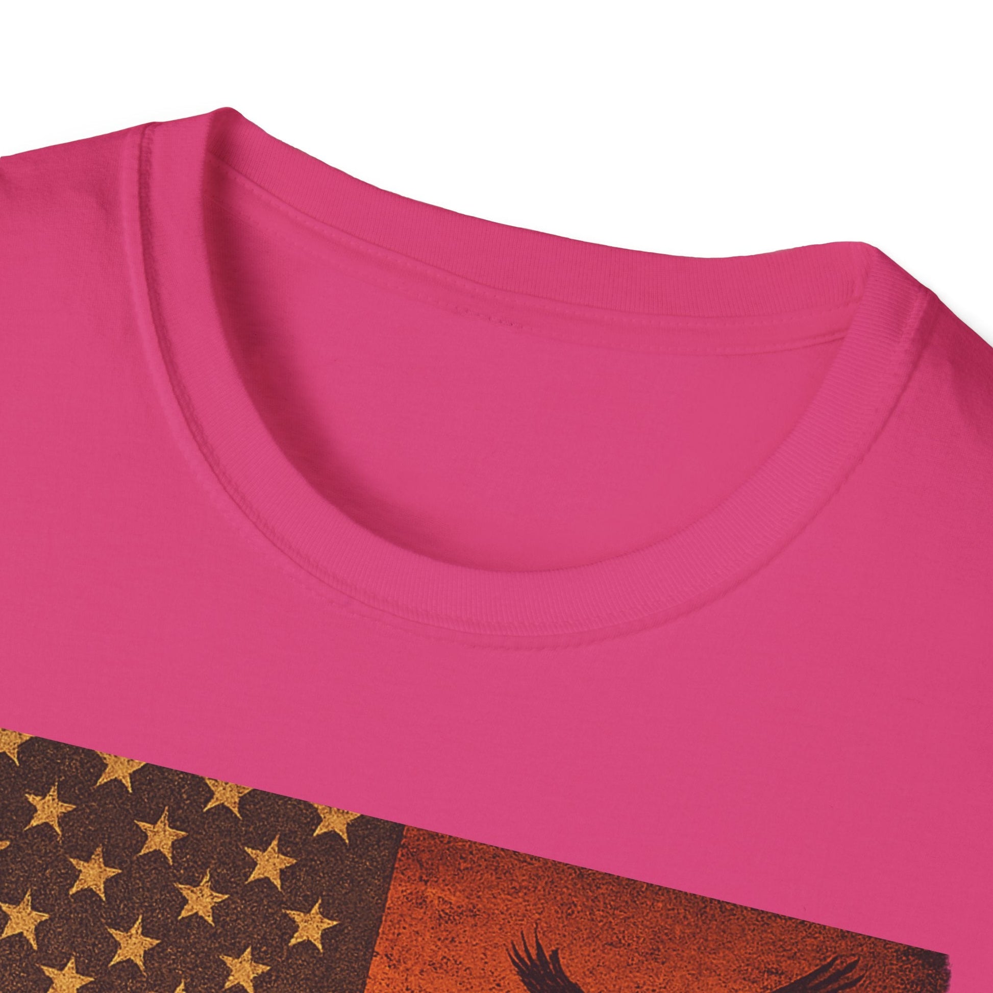 Close-up of the neck of a pink unisex t-shirt with vintage graphic design featuring stars and an eagle.