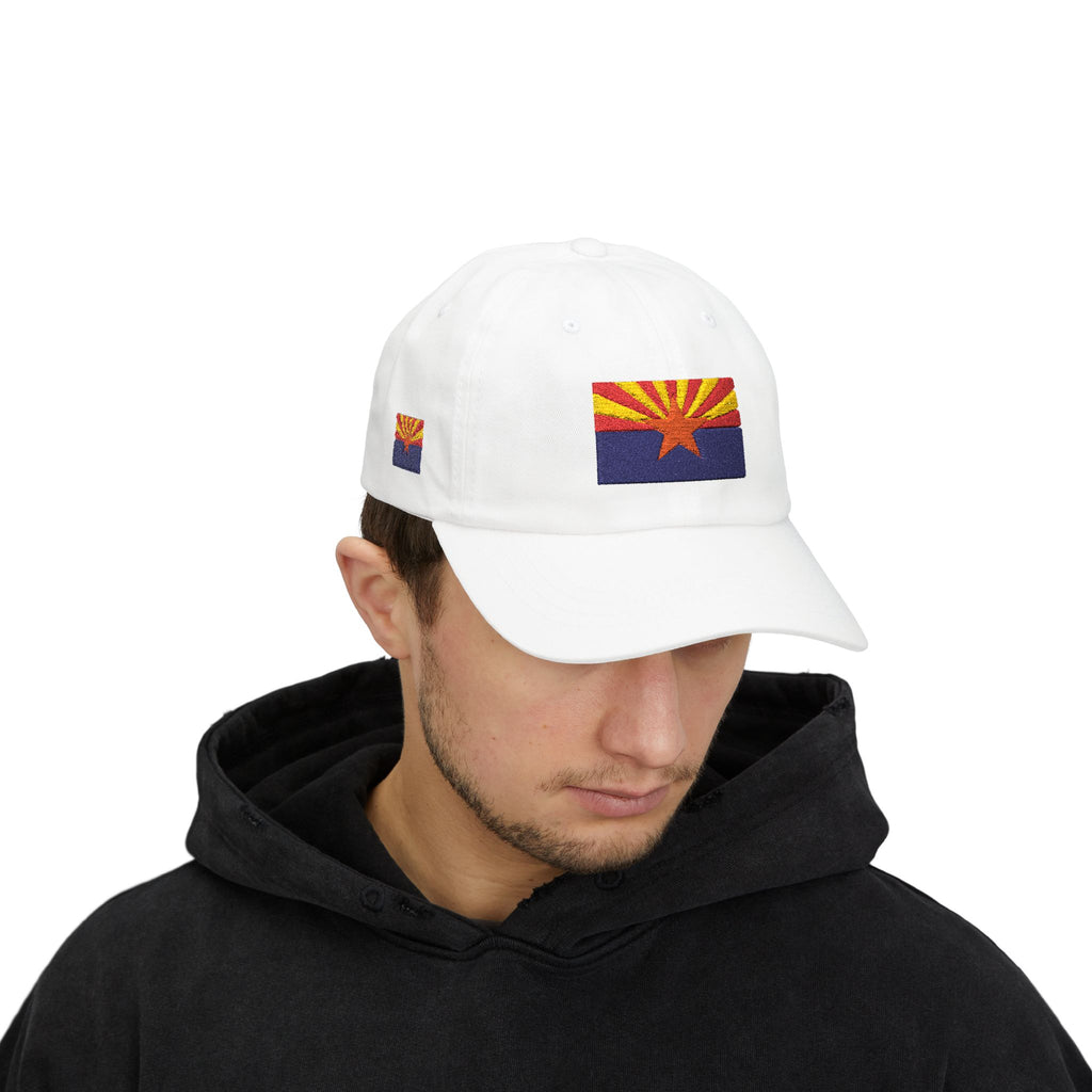 Model wearing the Arizona flag dad cap in White