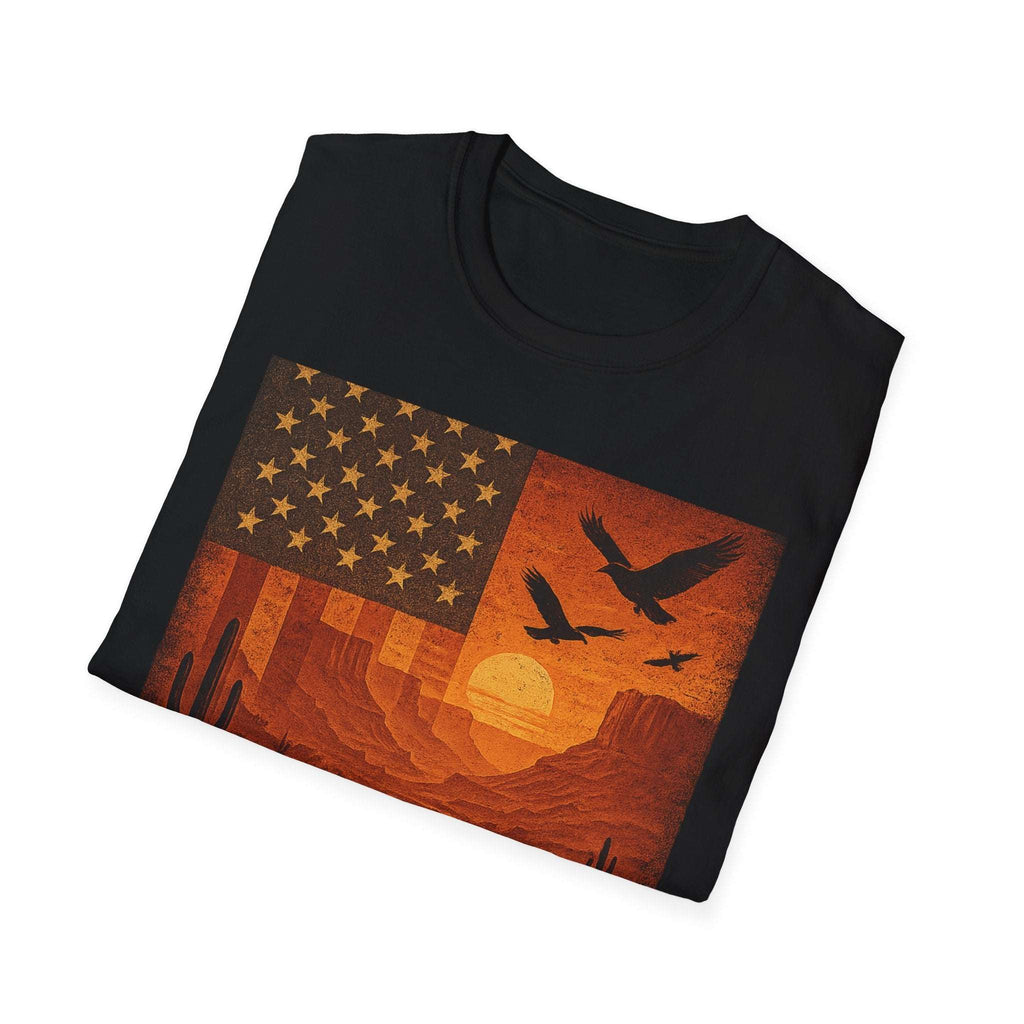 Arizona Sunset Unisex T-Shirt showcasing vintage graphic of desert, stars, and birds.