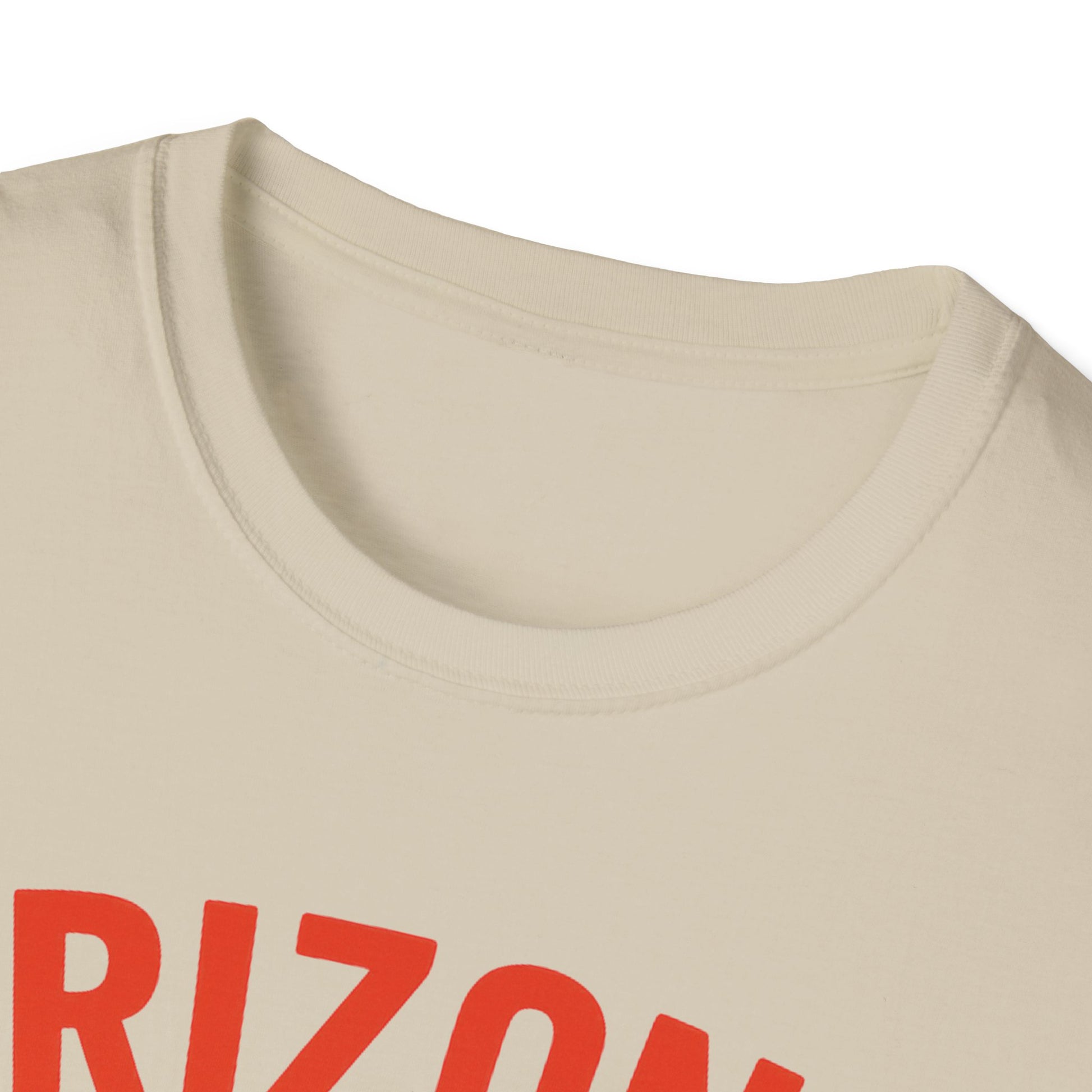 Close-up of the crew neckline of the Arizona Flip-Flop Summer T-Shirt in cream color, showcasing a comfortable design.