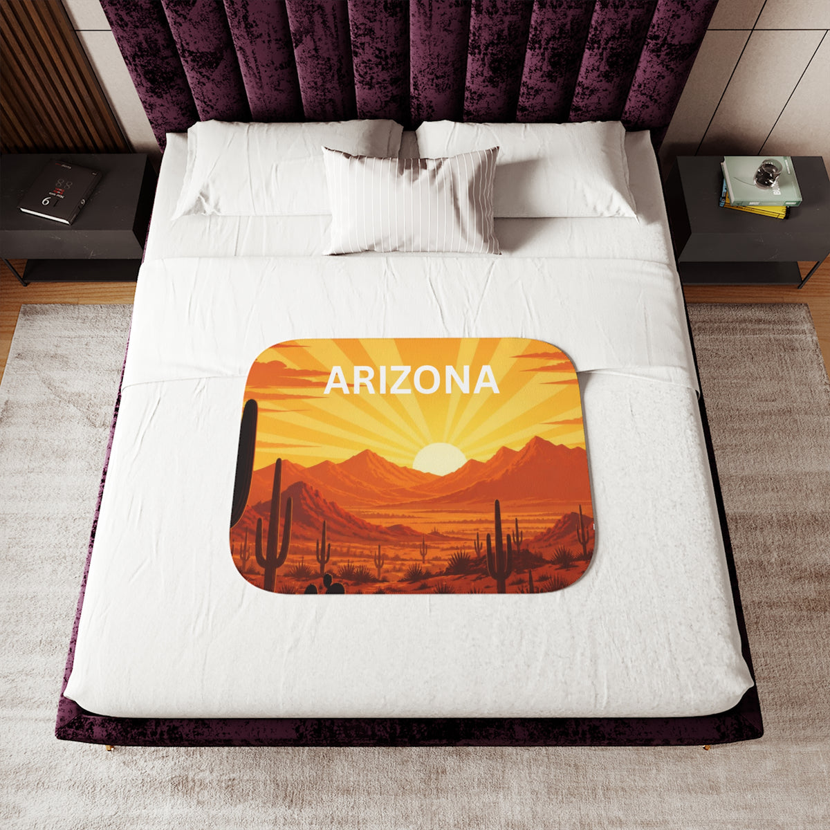 Arizona Desert Sherpa Blanket – Cozy Sunset Cactus Throw — detail view