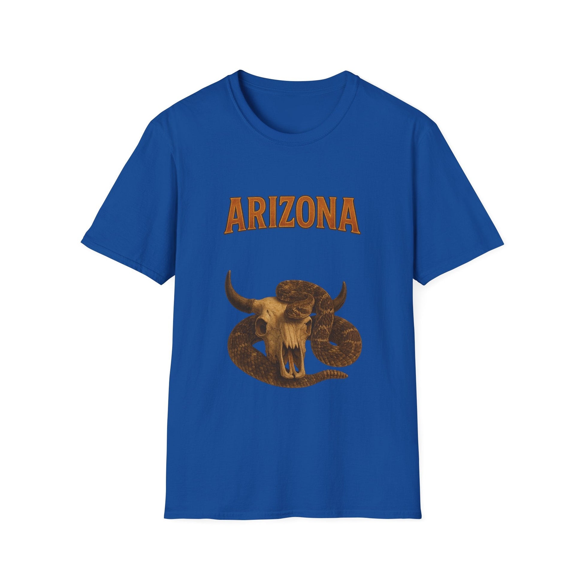 Arizona graphic unisex t-shirt featuring rattlesnake and bull design on a blue background.