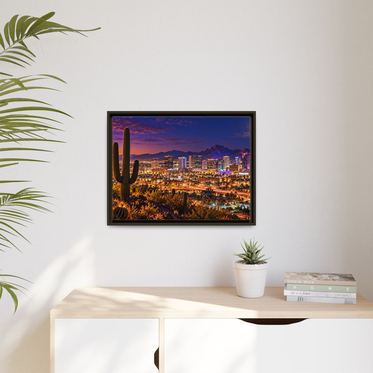 Phoenix skyline at night framed canvas print with saguaro cactus and desert mountains