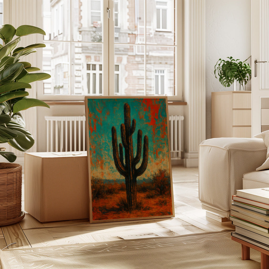 Lone Saguaro abstract cactus painting under turquoise and crimson sky, view 6