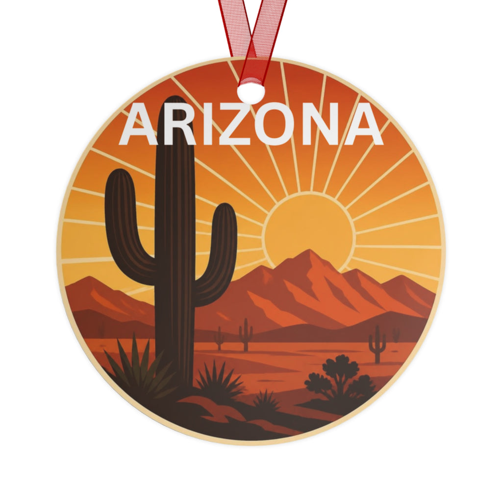 Arizona Desert Sunset Metal Ornament — Cactus Scenic Holiday Decoration — side view