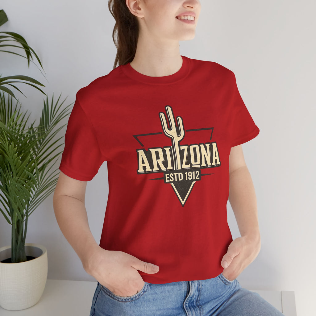 Arizona Cactus Vintage Logo Tee — ESTD 1912 Desert Graphic T-Shirt — detail view