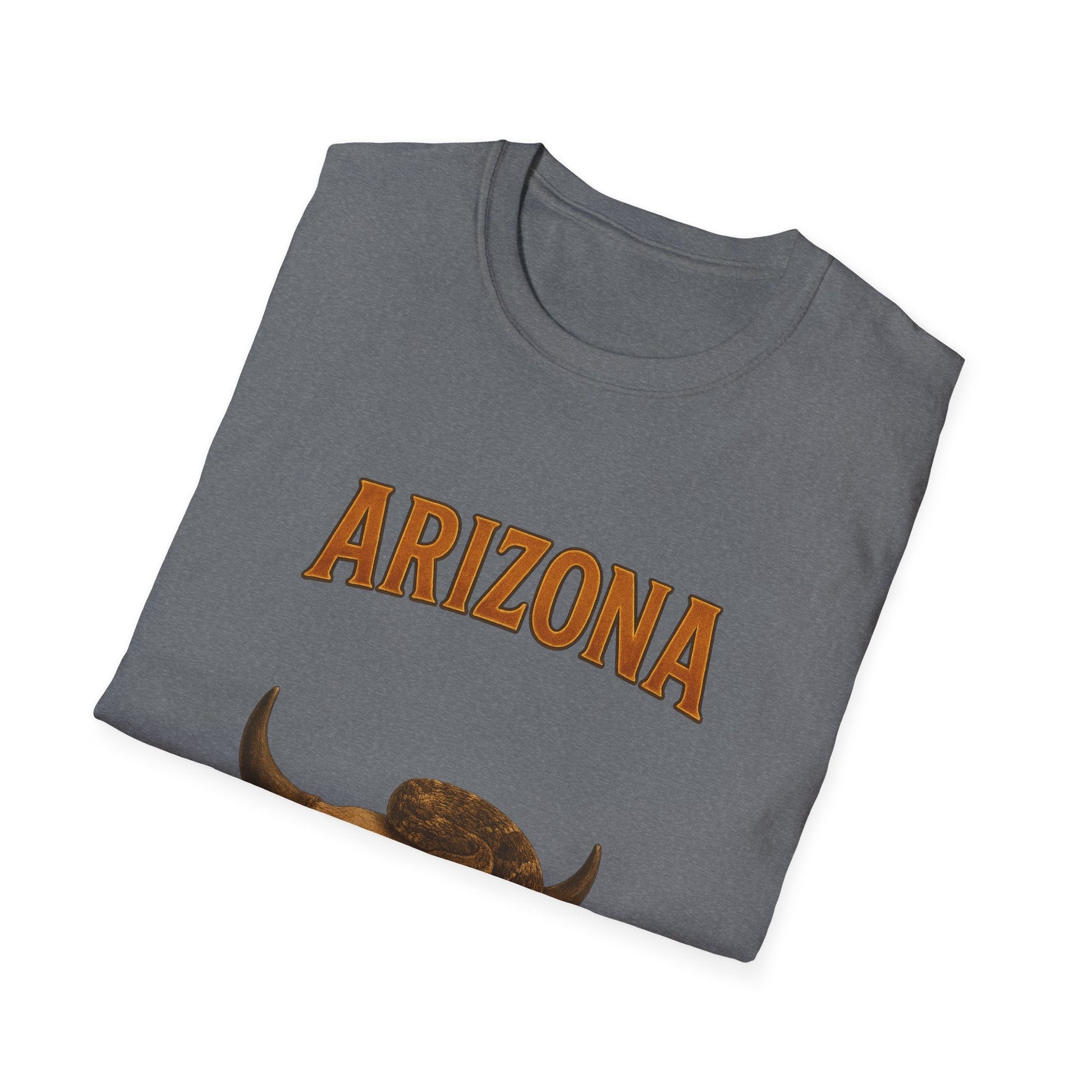 Folded gray Arizona Graphic T-Shirt featuring a bull design, made from softstyle unisex fabric, perfect for casual wear.
