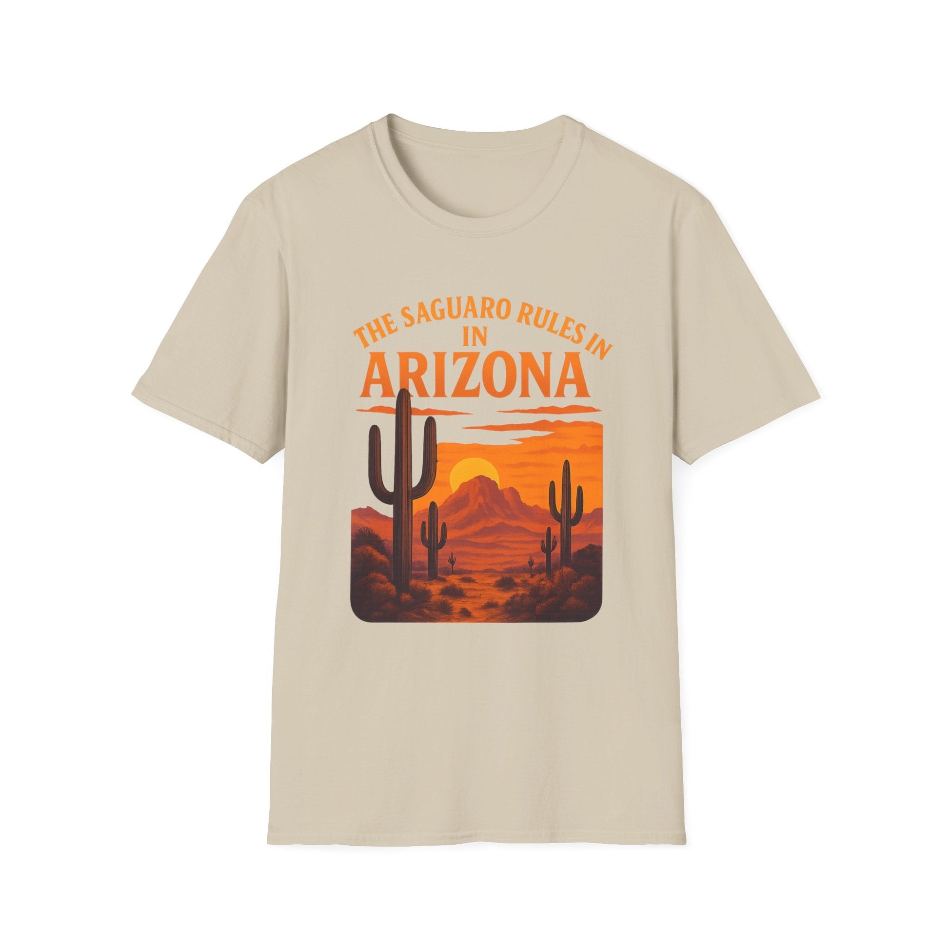 Arizona Saguaro sunset t-shirt featuring cacti and desert landscape design, perfect for casual outings.