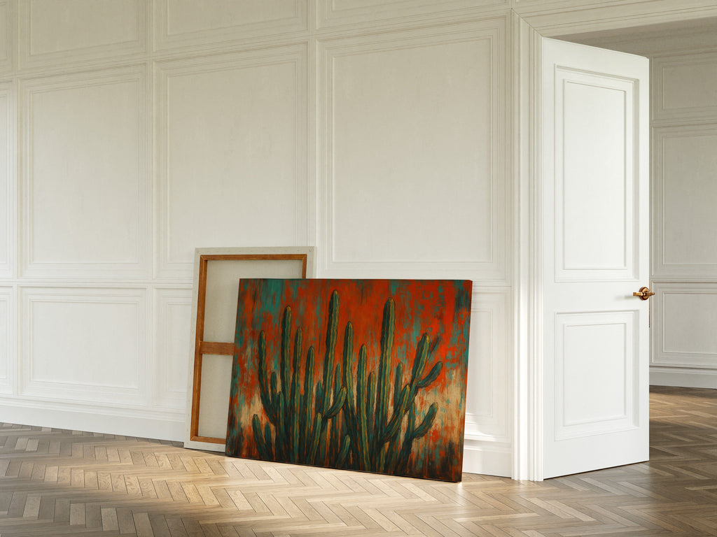 Southwest Blaze abstract cactus painting in orange and turquoise, view 4