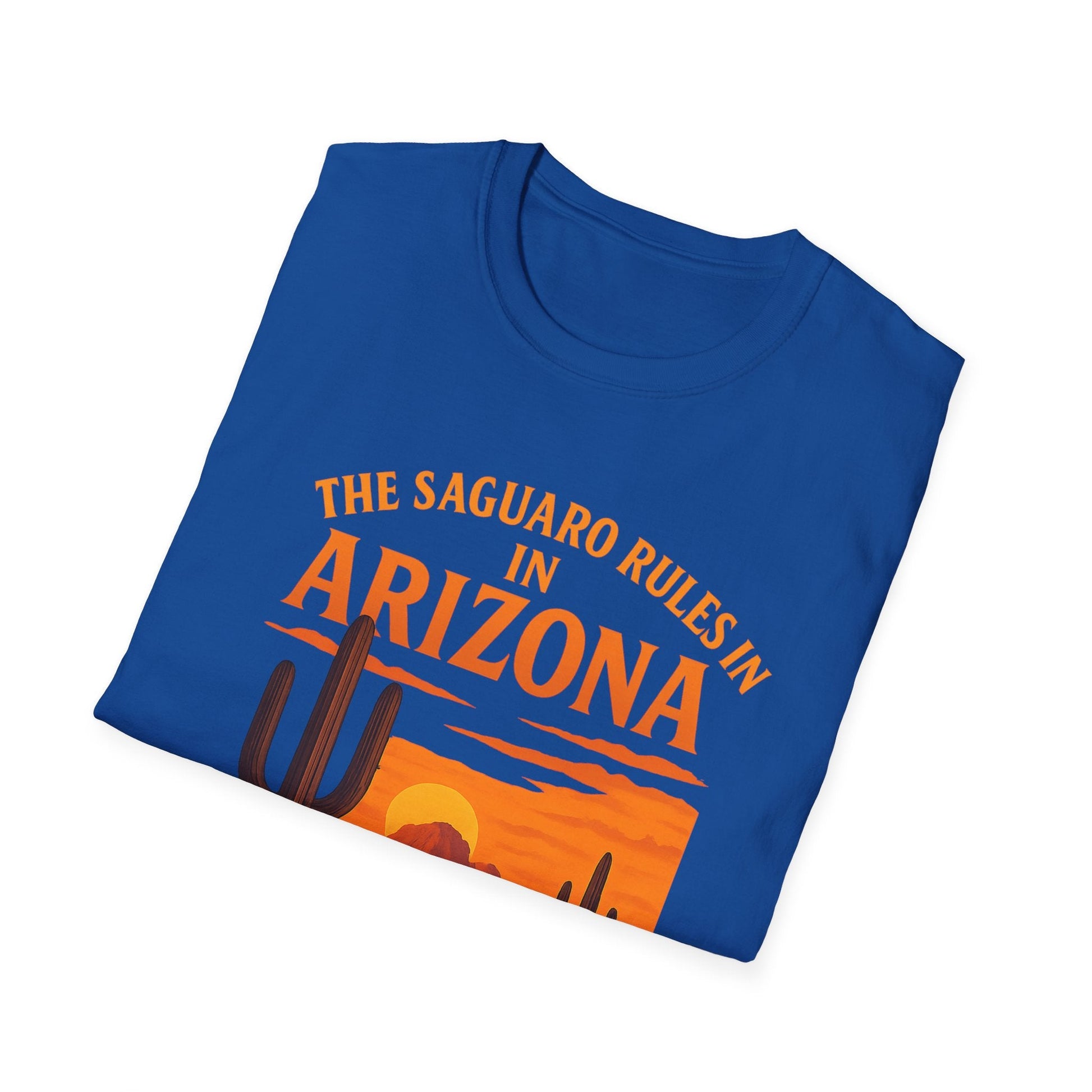 Arizona Saguaro Sunset unisex softstyle t-shirt featuring vibrant desert design in blue color.