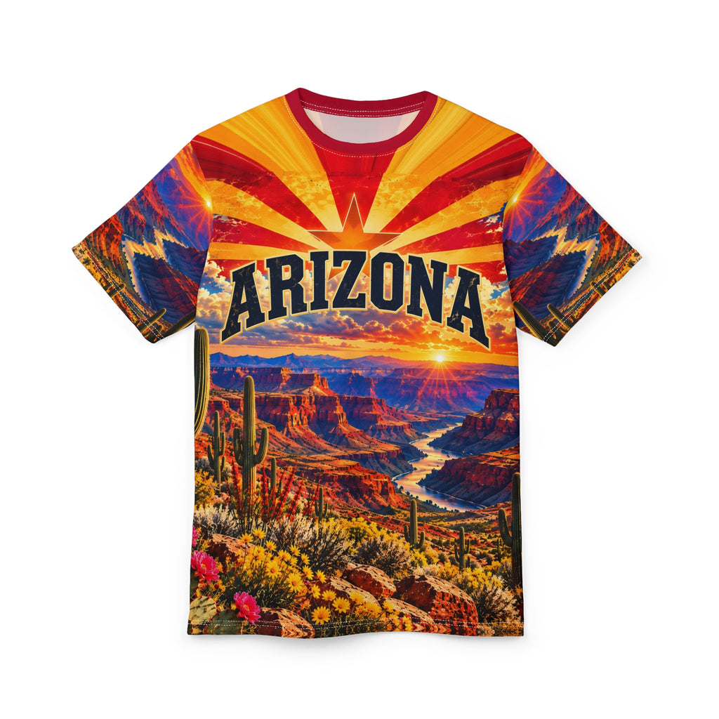 Arizona All-Over Print T-Shirt – Grand Canyon Sunset, State Flag Sunburst & Saguaro Cactus Tee