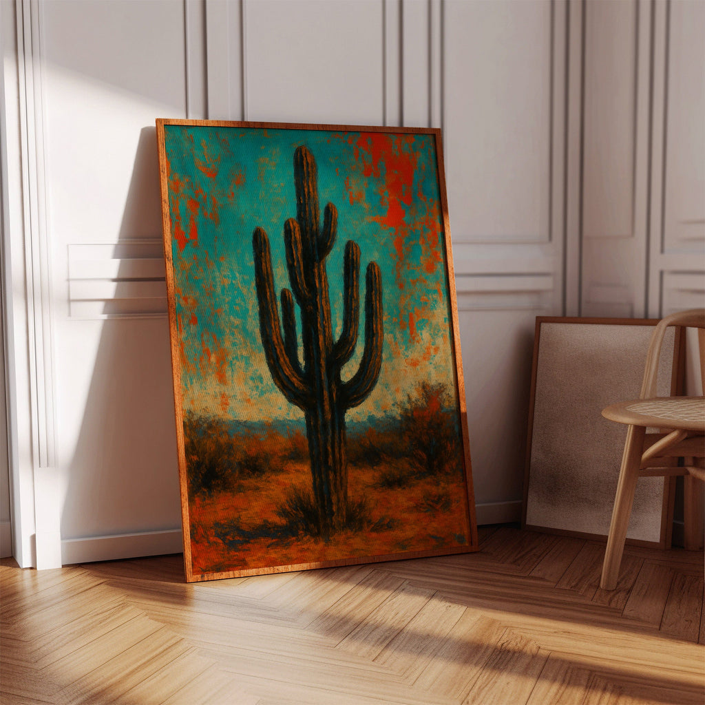Lone Saguaro abstract cactus painting under turquoise and crimson sky, view 7
